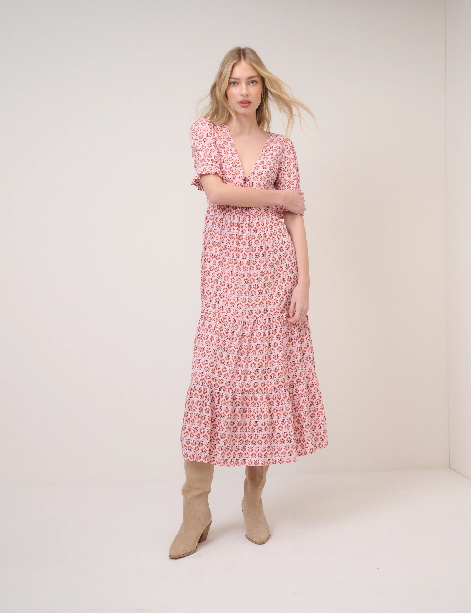 Pink Floral Puff Sleeve Lia Midi Dress - Image 4