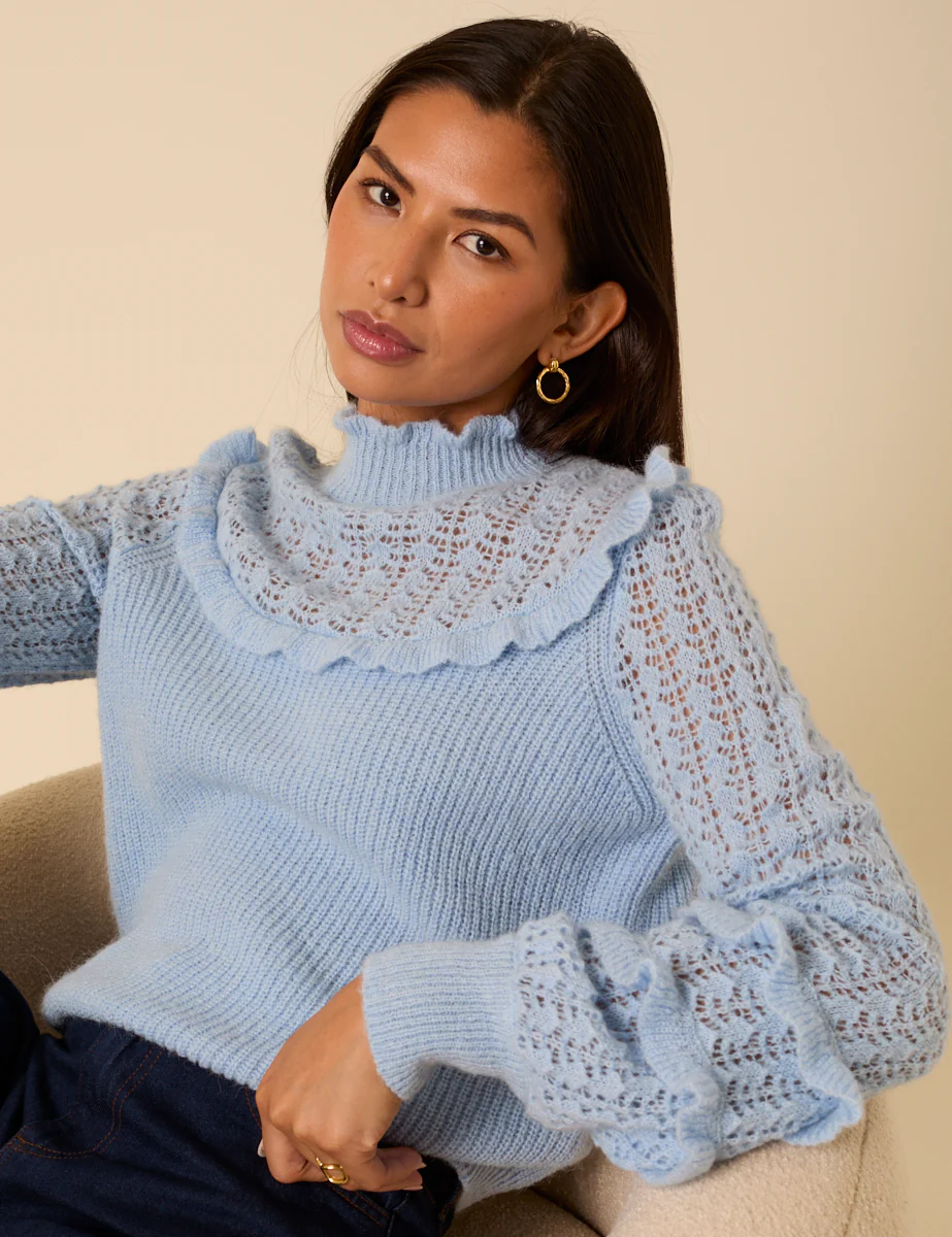Light Blue Ruffle Pointelle Knitted Jumper - Image 2