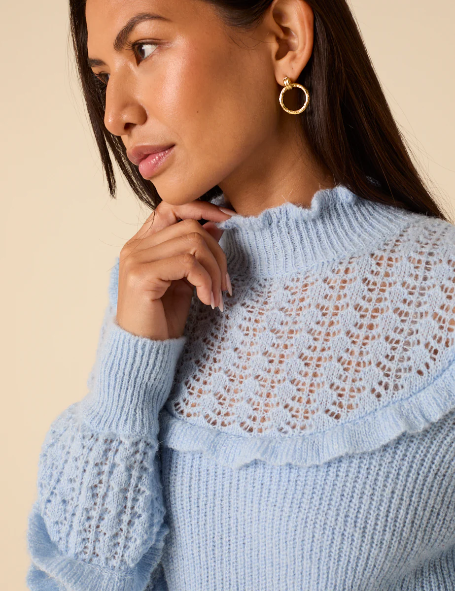 Light Blue Ruffle Pointelle Knitted Jumper - Image 4