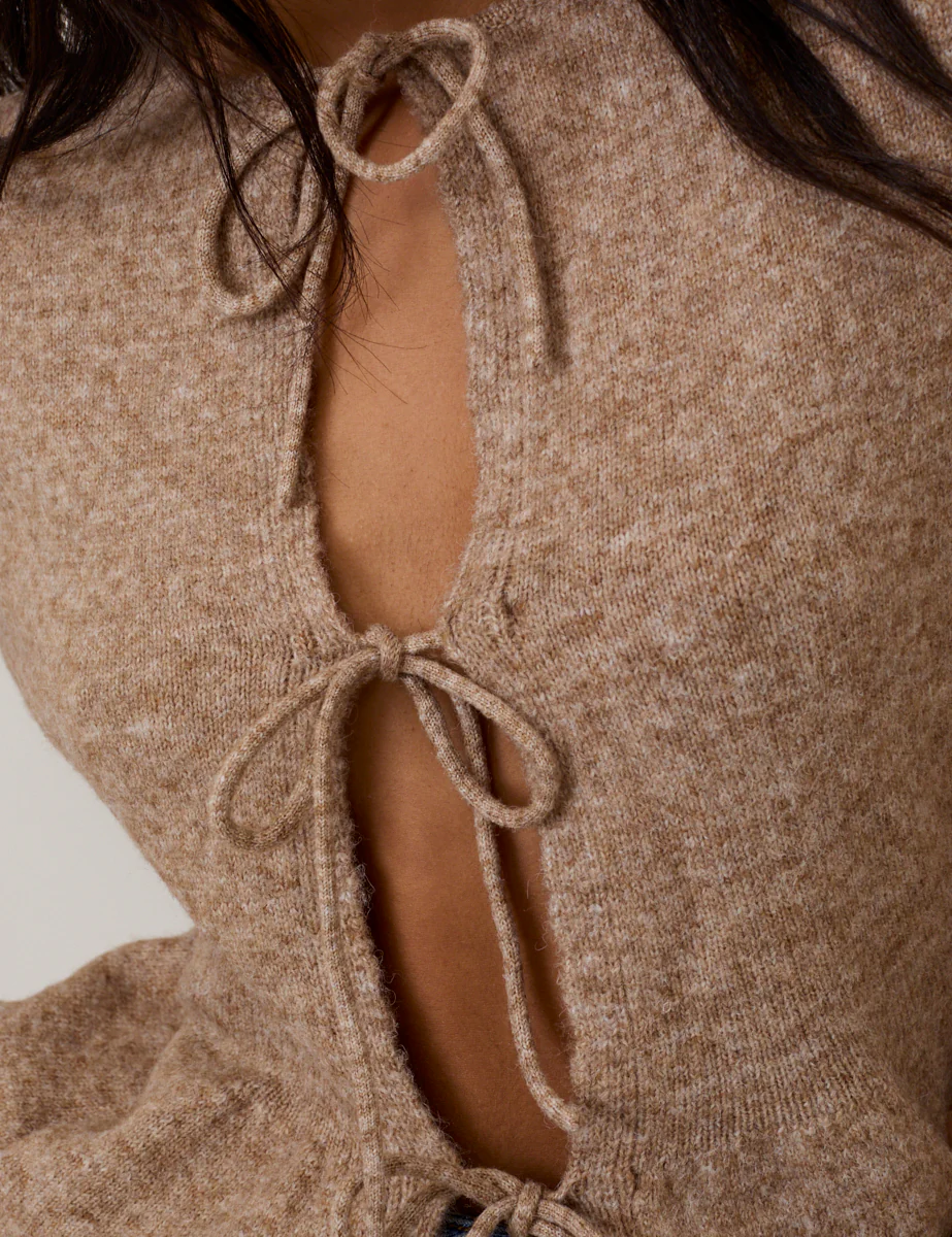 Light Brown Tie Front Peplum Cardigan - Image 3
