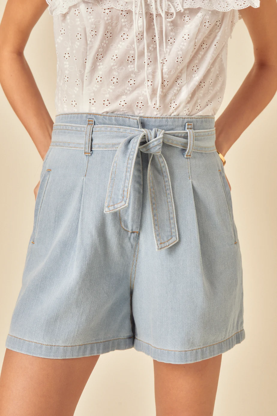 Light Denim Tie Front Shorts - Image 2
