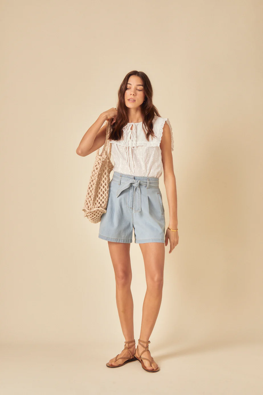 Light Denim Tie Front Shorts - Image 4