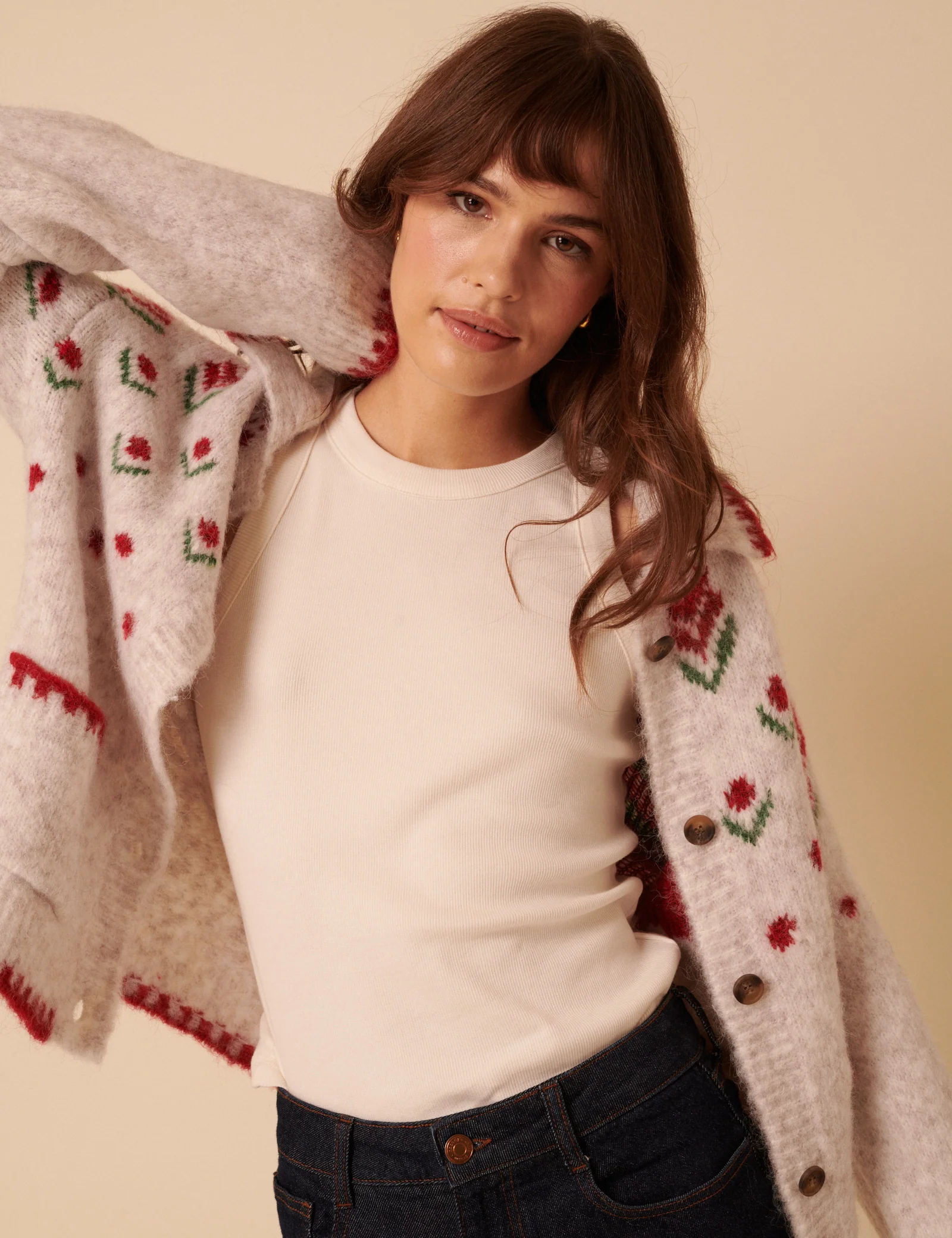Light Grey Floral Collared Cardigan - Image 2
