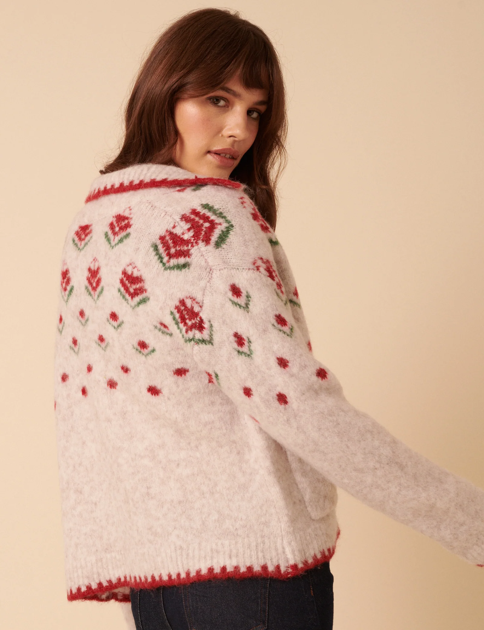 Light Grey Floral Collared Cardigan - Image 5