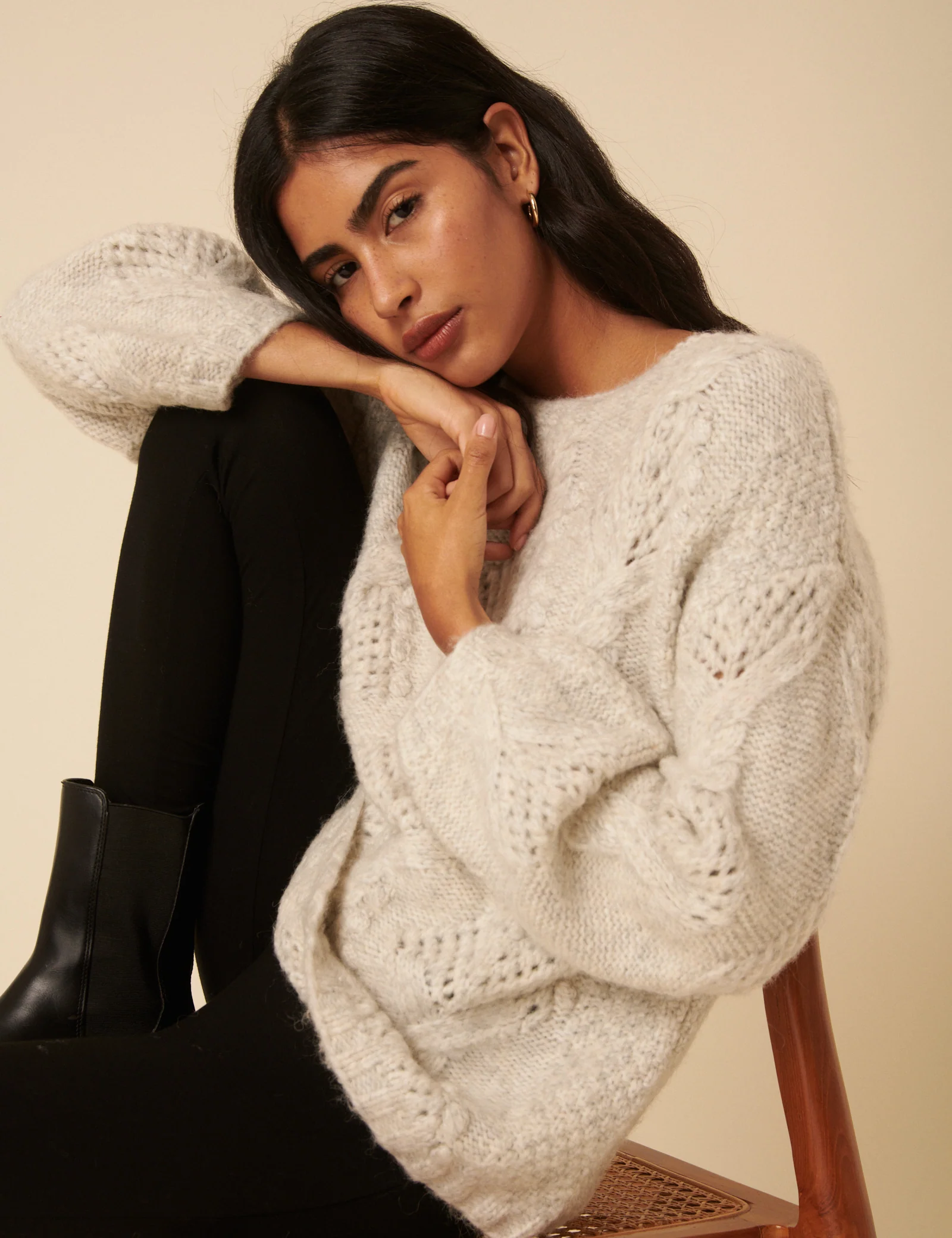 Light Grey Slash Neck Bobble Stitch Oversized Jumper - Image 2