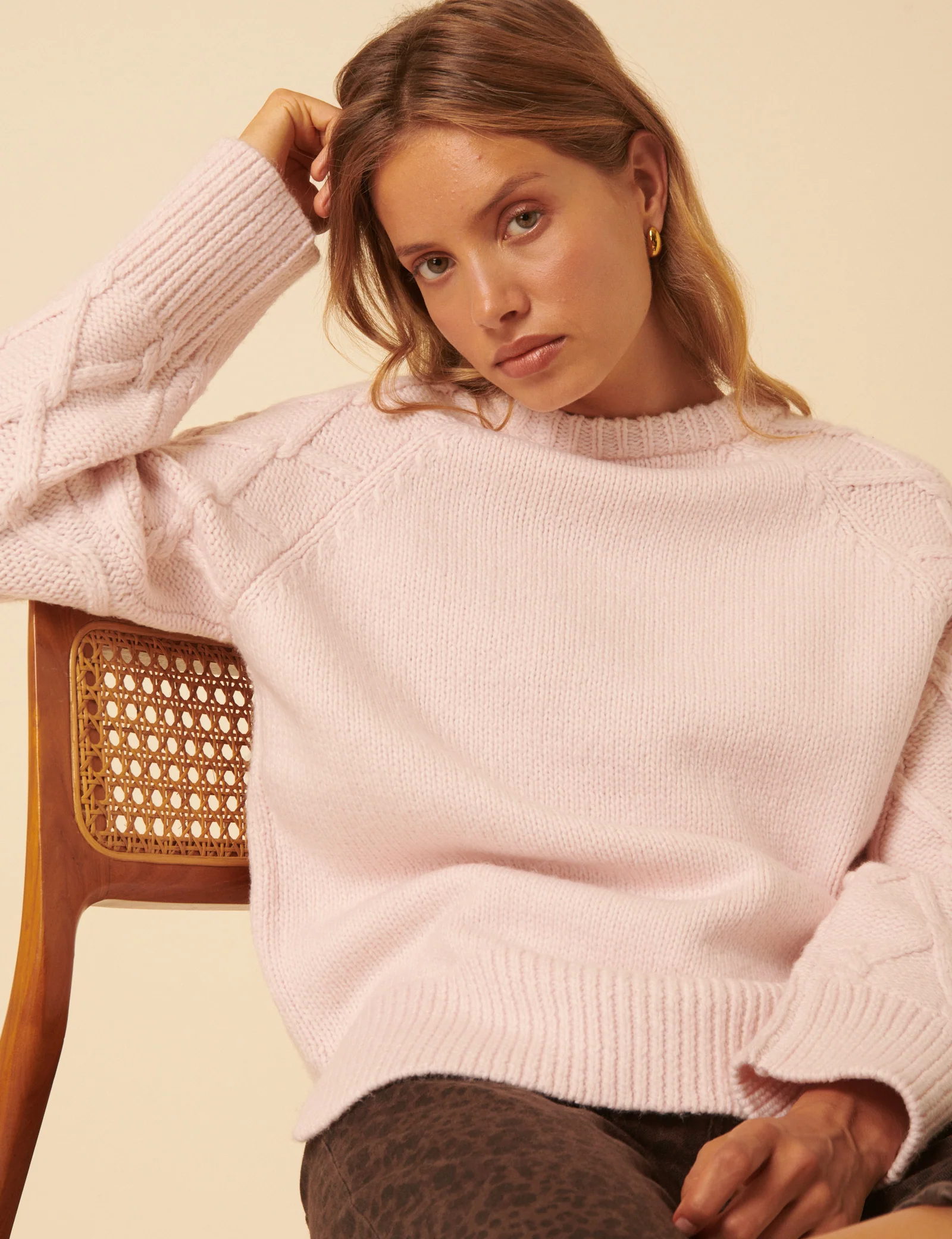 Light Pink Cable Knit Crew Neck Jumper - Image 2