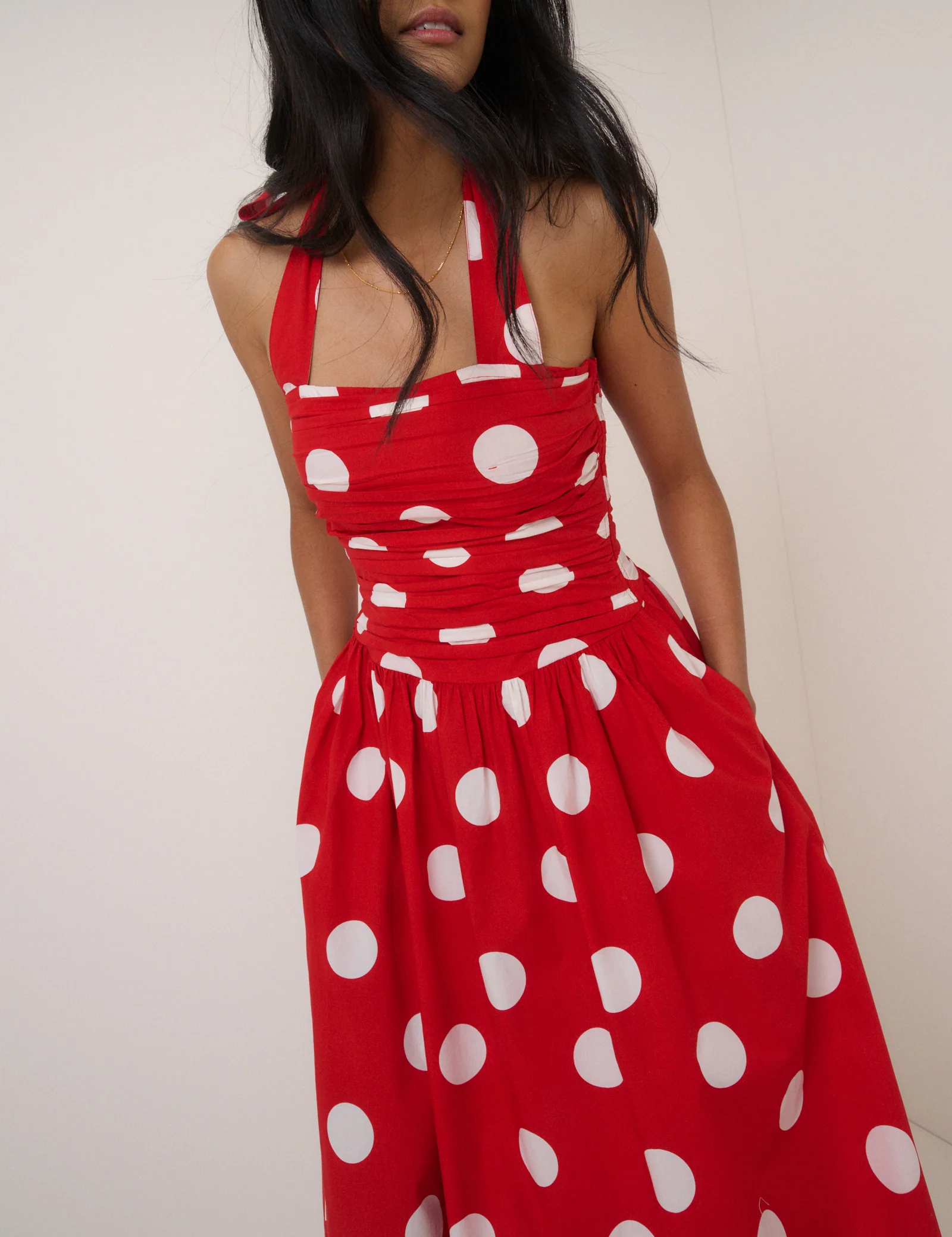 Red Polka Dot Halterneck Lilah Midi Dress - Image 2