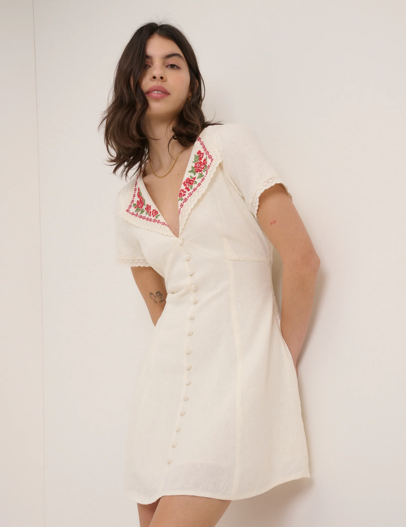 Cream Floral Collar Linen-Blend Lillian Mini Dress - Image 2