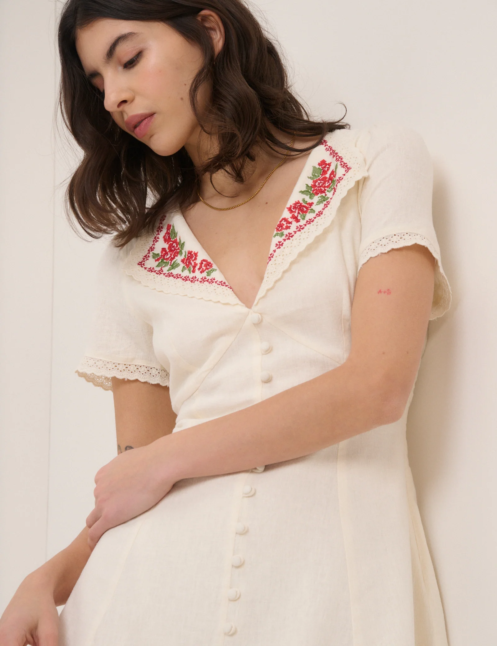 Cream Floral Collar Linen-Blend Lillian Mini Dress - Image 6