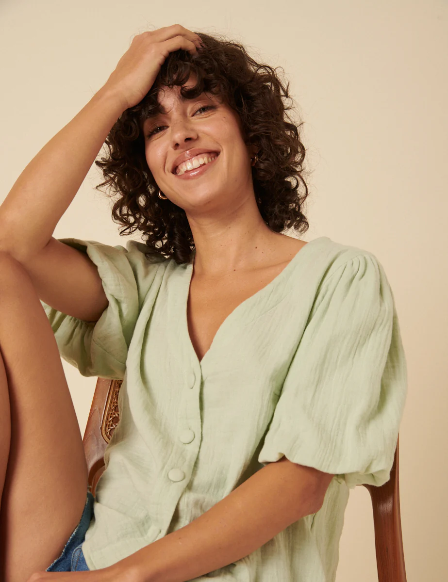 Lime Green Puff Sleeve Blouse - Image 2