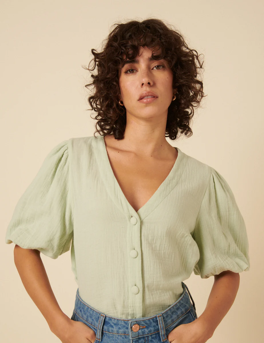 Lime Green Puff Sleeve Blouse - Image 3