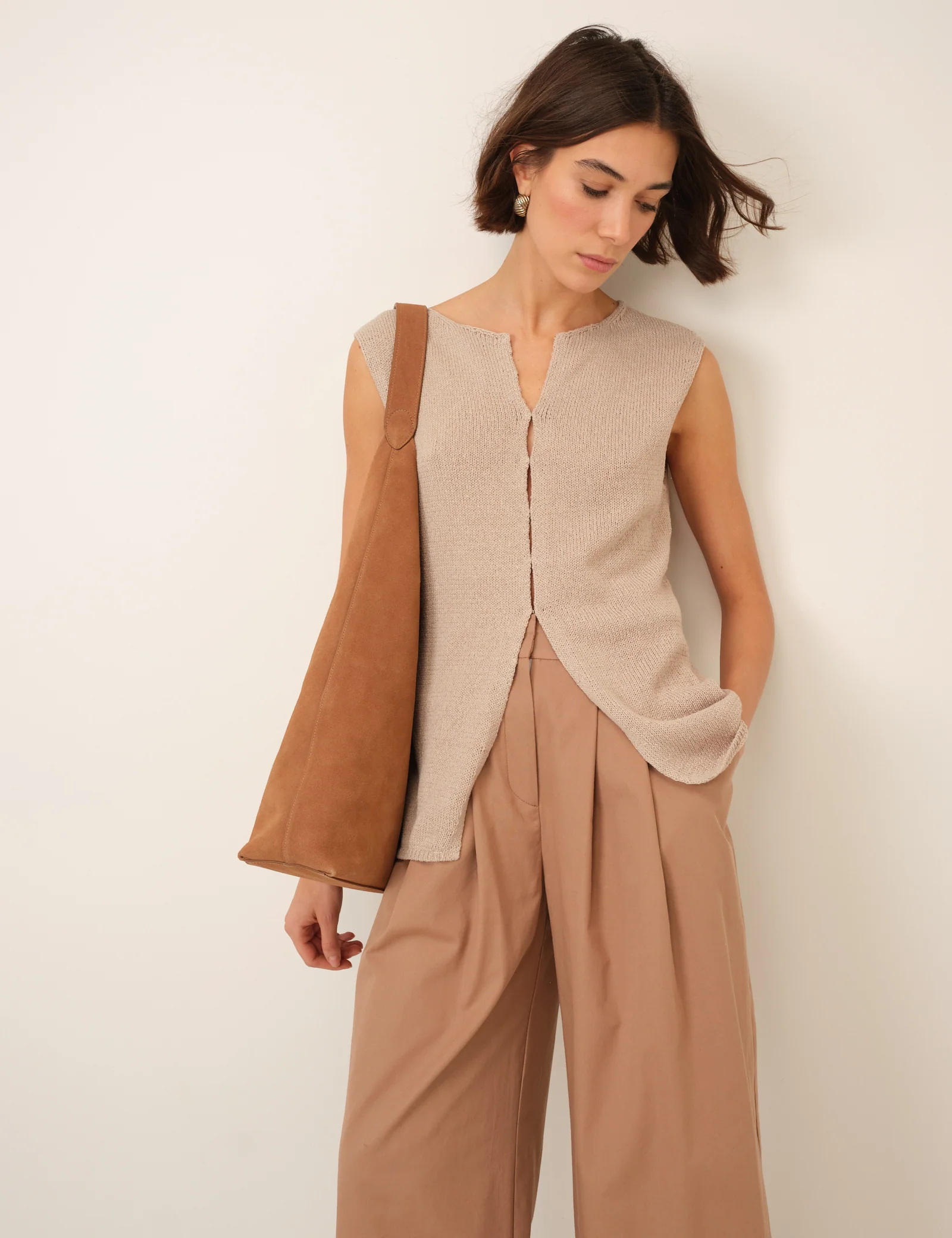 Beige Long Line Knitted Waistcoat - Image 2