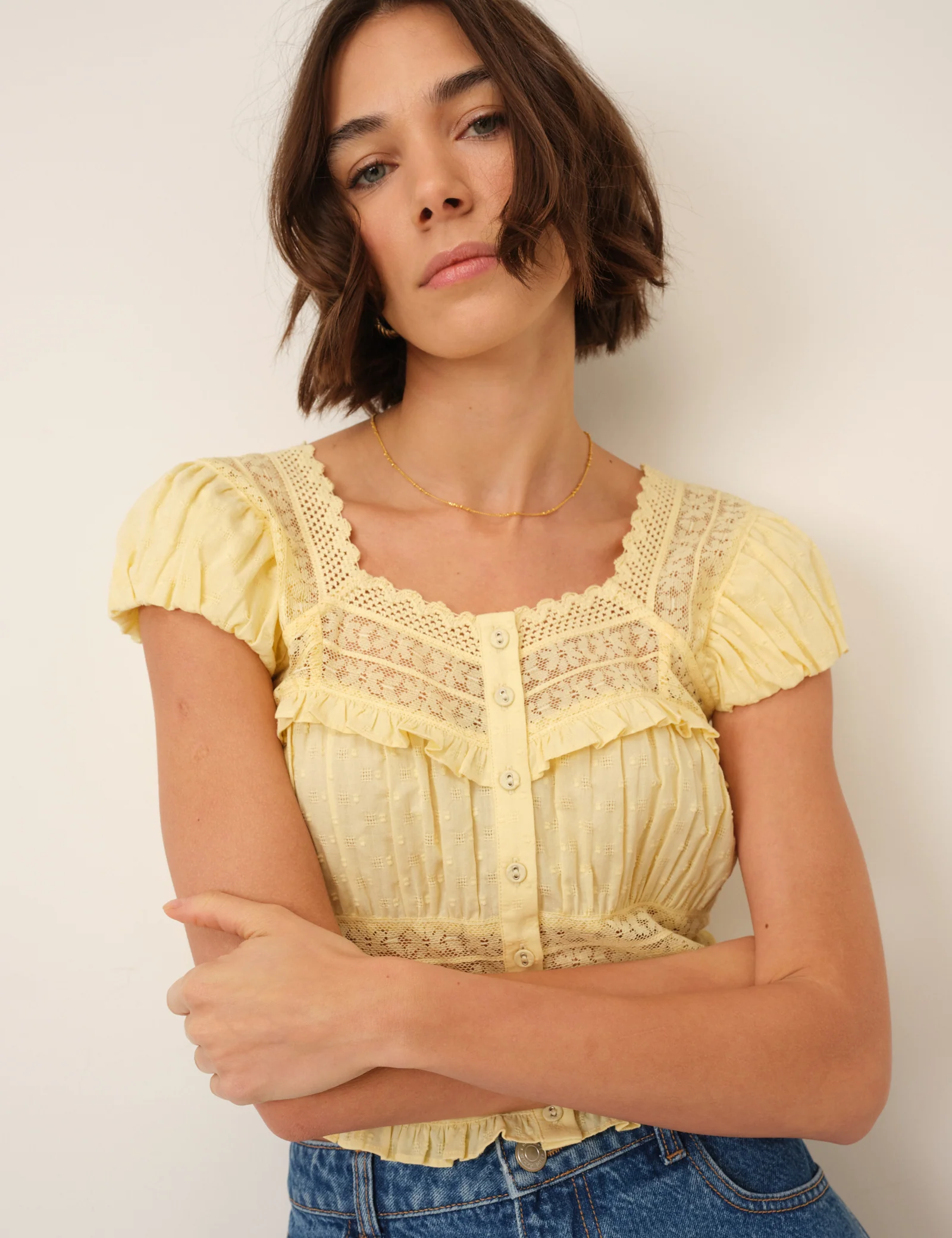 Yellow Lace Short Sleeve Top