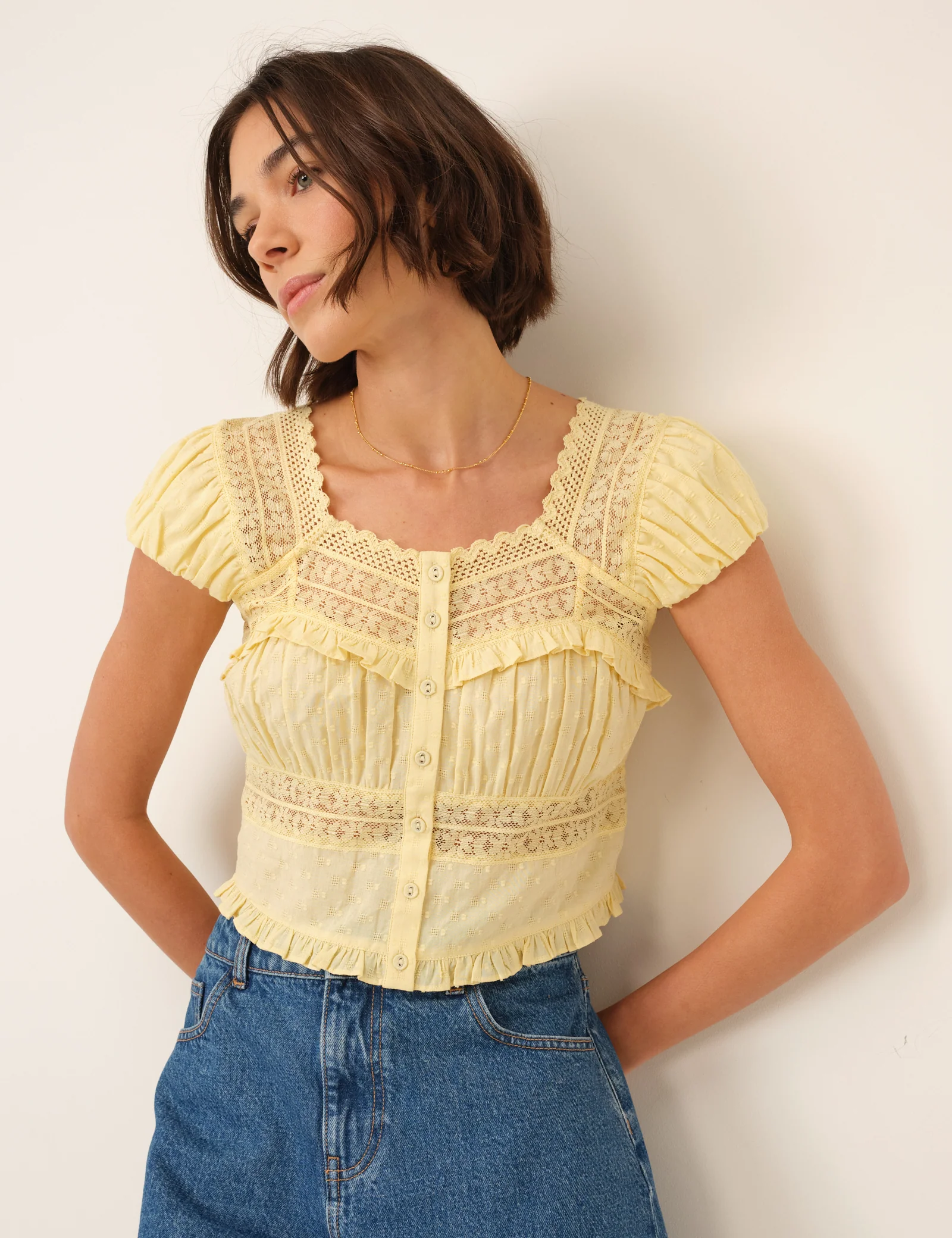 Yellow Lace Short Sleeve Top - Image 4