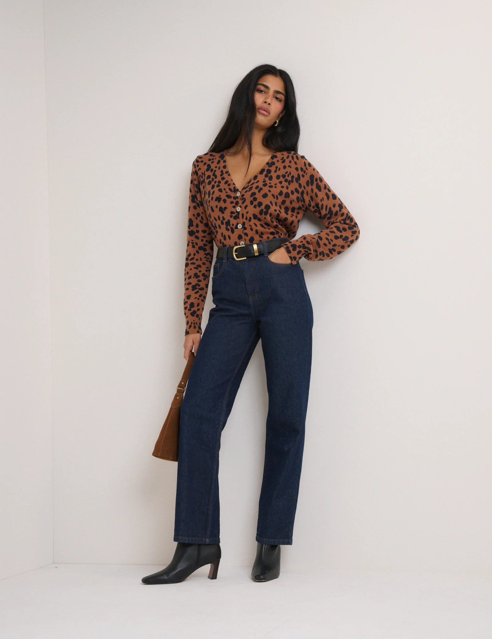 Brown Leopard Print Long Sleeve V-Neck Cardigan - Image 4
