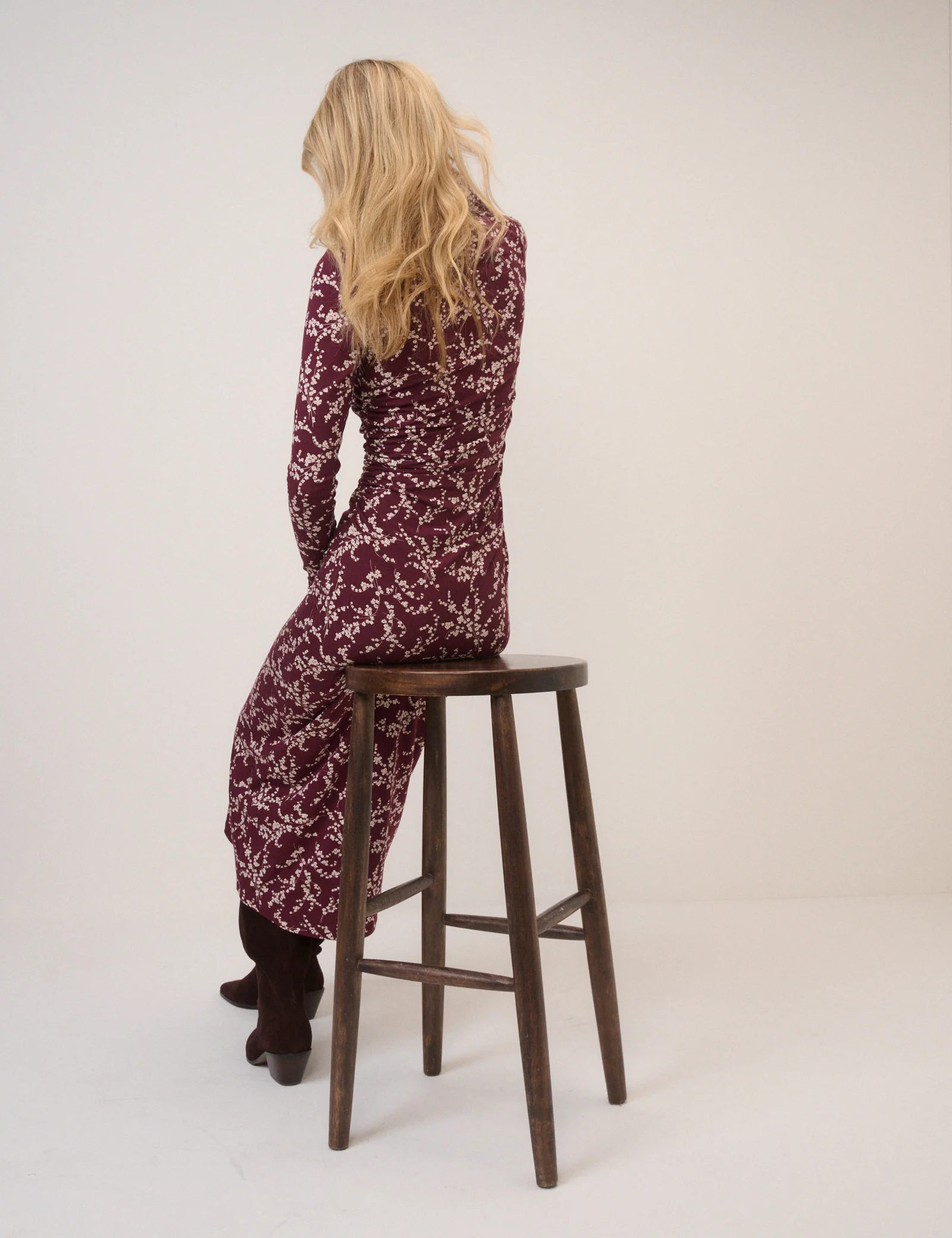 Burgundy Floral Long Sleeve Laurella Jersey Midi Dress - Image 5