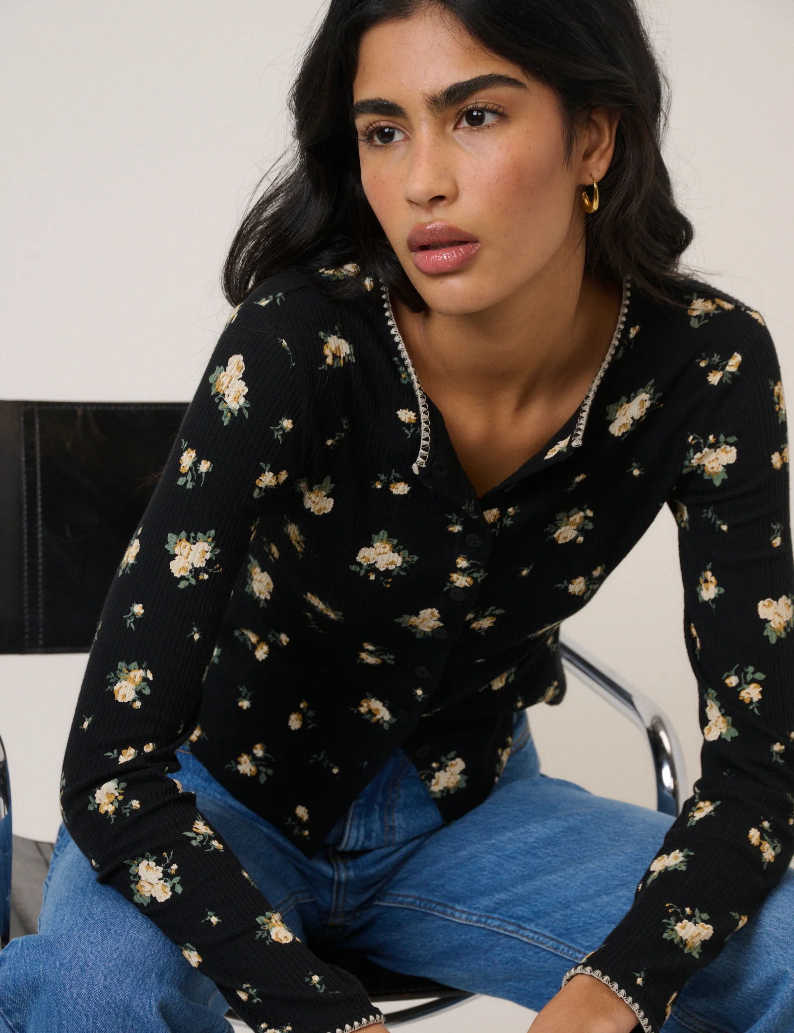 Black Floral Whipstitch Pointelle Cardigan - Image 2