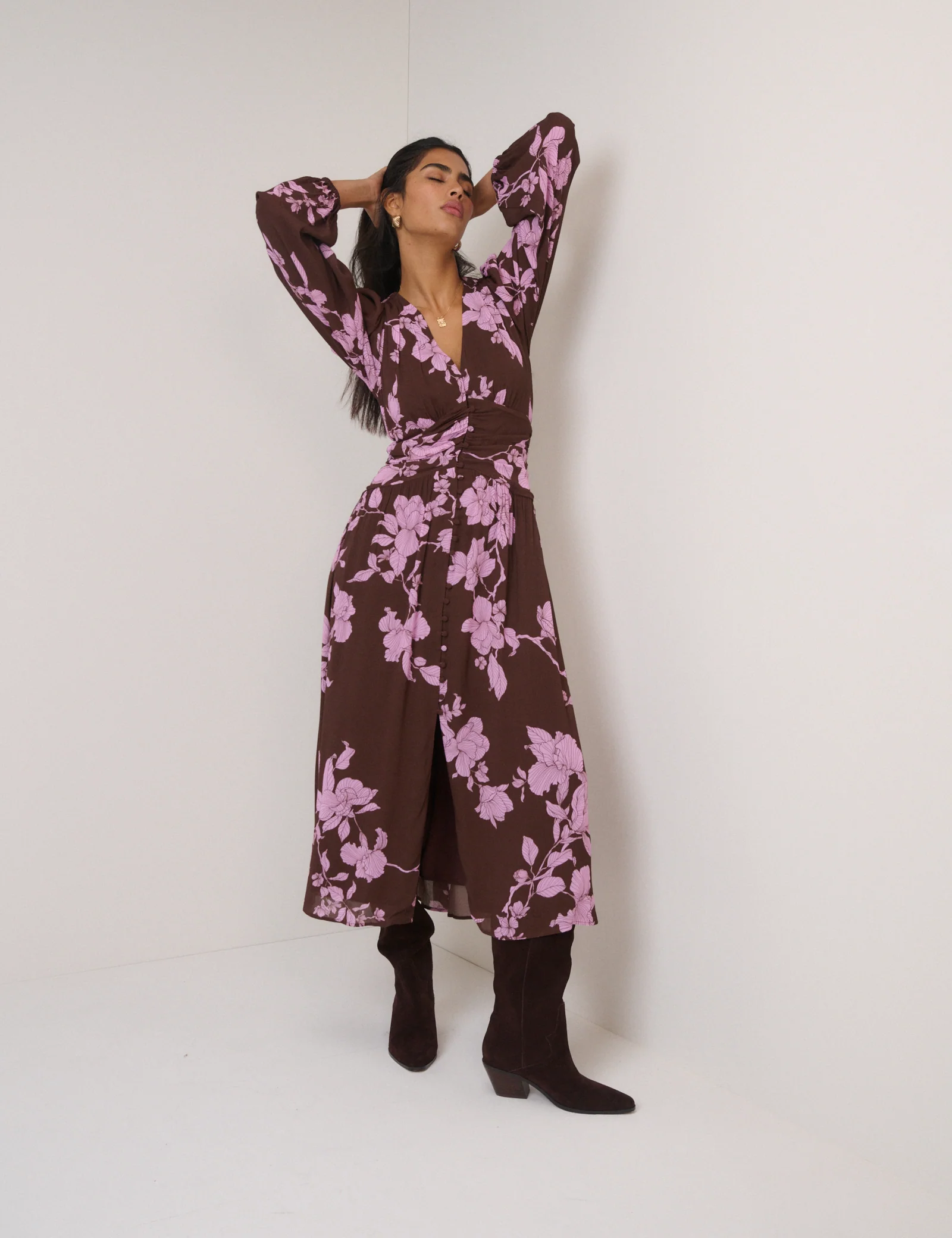 Brown And Pink Floral Luna Midaxi Dress - Image 3