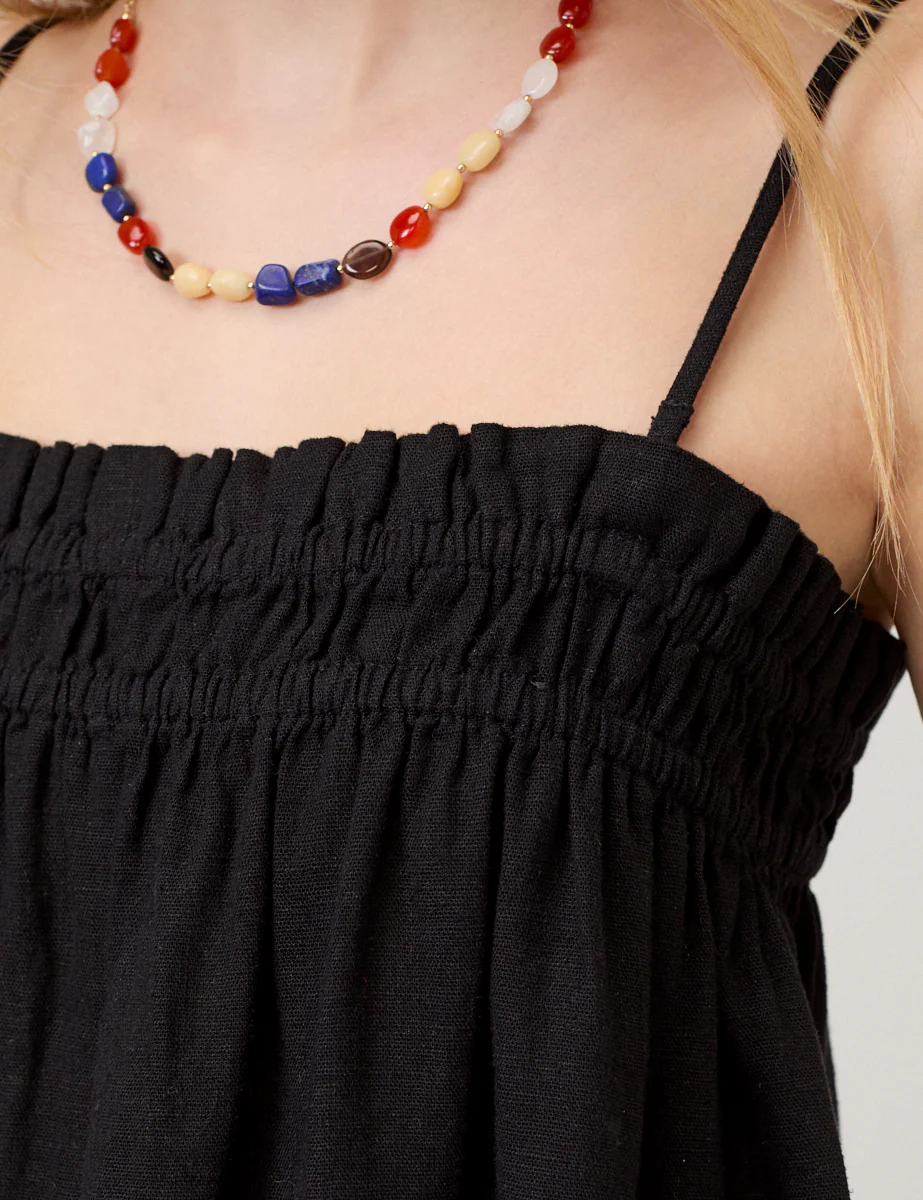 Black Linen-Blend Ruched Bandeau Top - Image 3
