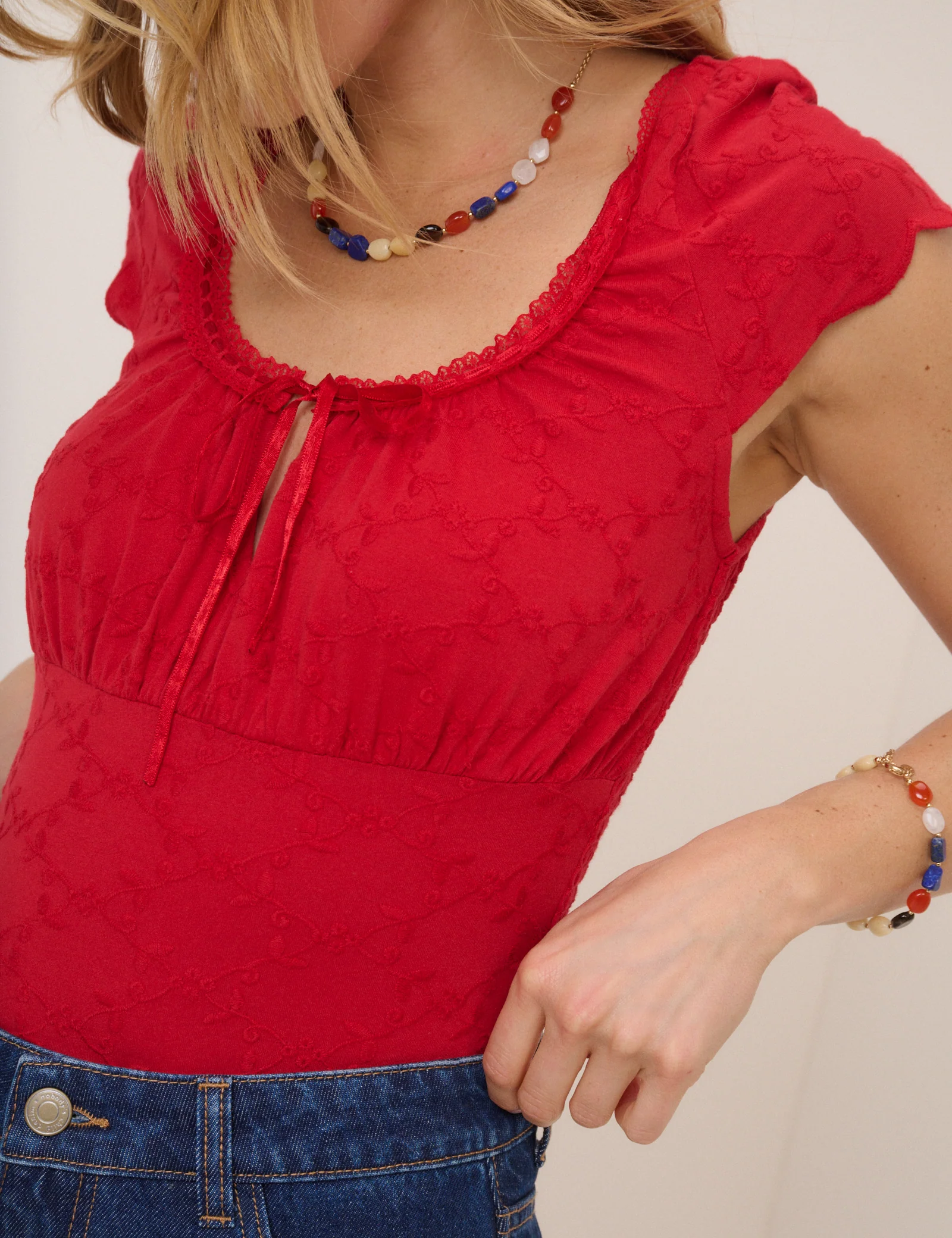 Red Broderie Milkmaid Jersey Top - Image 3