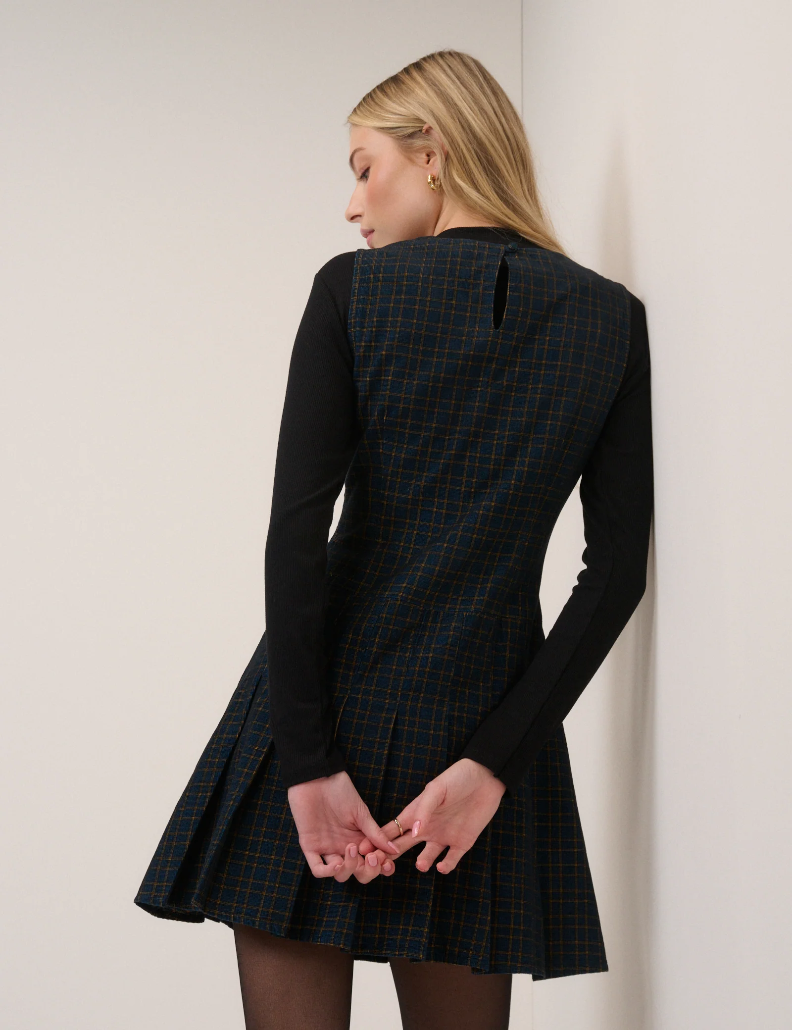 Navy Check Merida Mini Pinafore Dress - Image 5