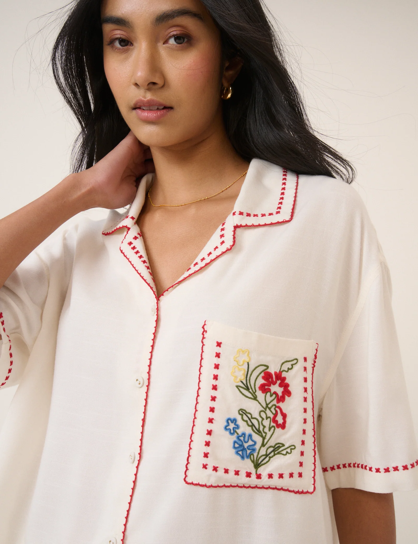 Cream Floral Embroidered Shirt - Image 2