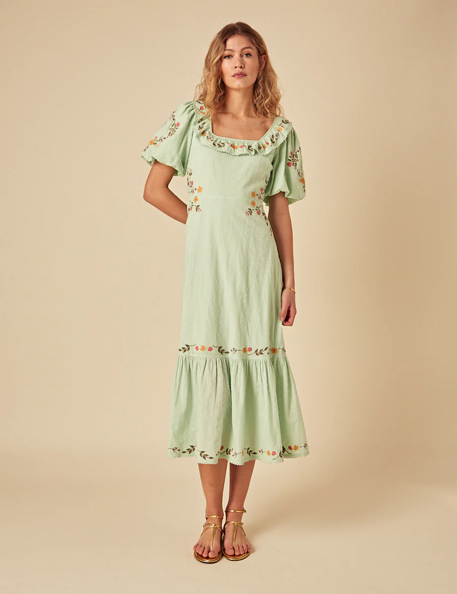 Elizabeth Scarlett Mint Green Floral Embroidered Asher Midi Dress - Image 2