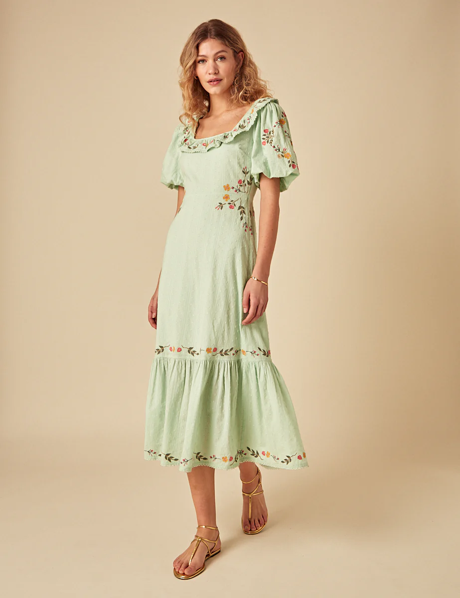 Elizabeth Scarlett Mint Green Floral Embroidered Asher Midi Dress - Image 4