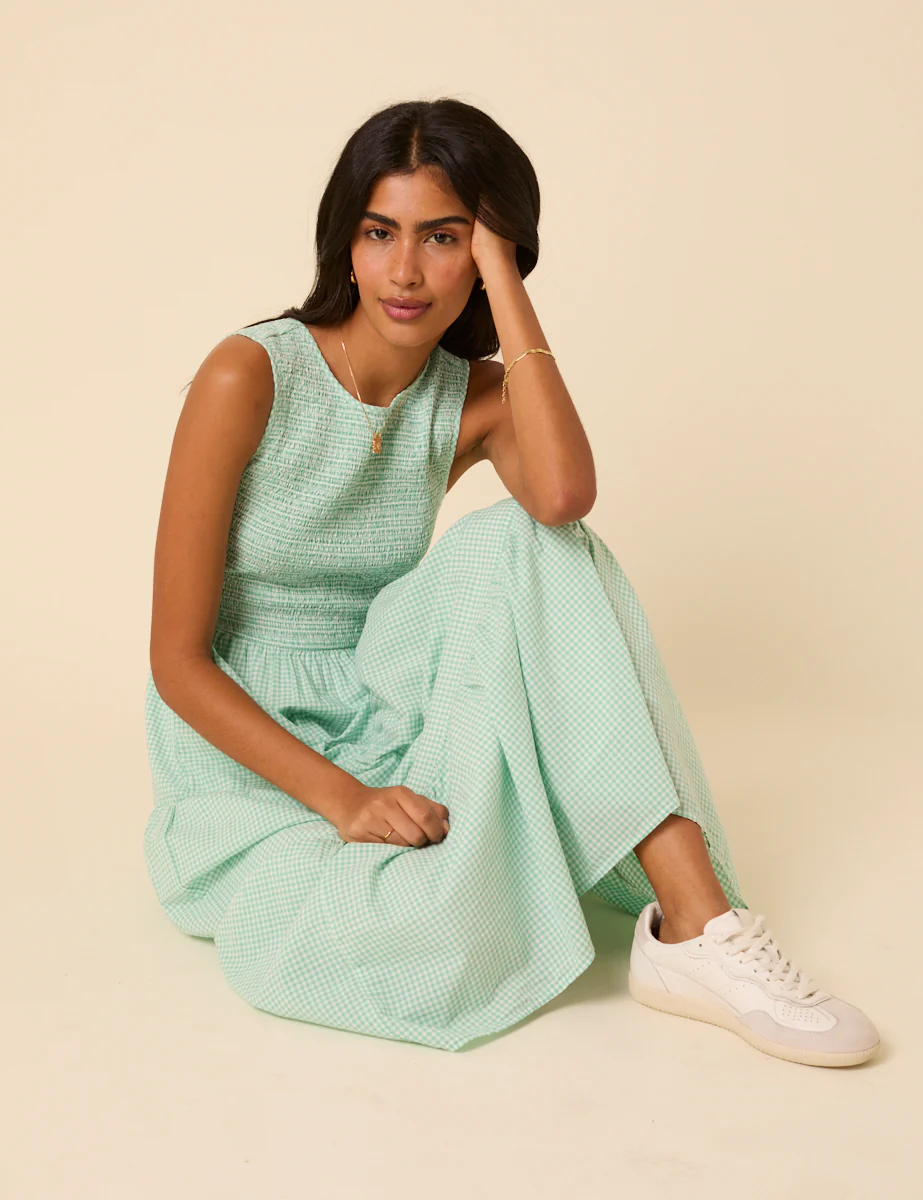 Mint Green Gingham Sleeveless Tiered Charlie Midi Dress - Image 3