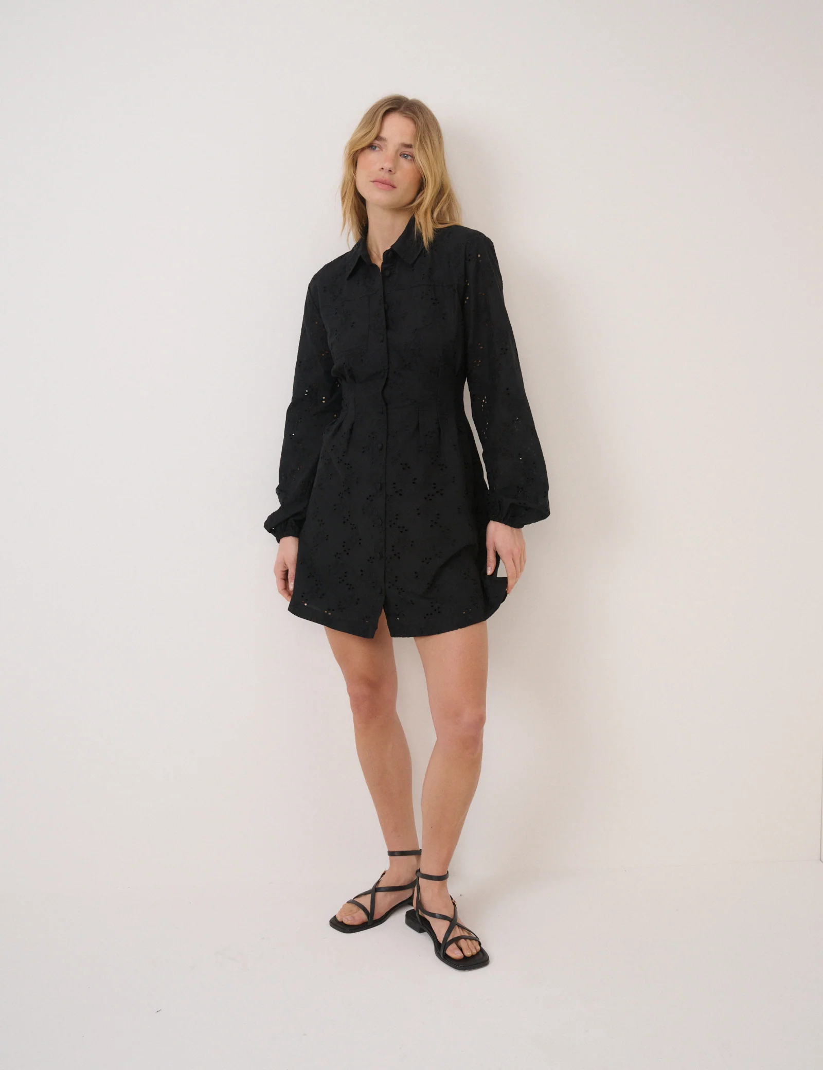 Black Broderie Anglaise Montego Mini Shirt Dress - Image 3
