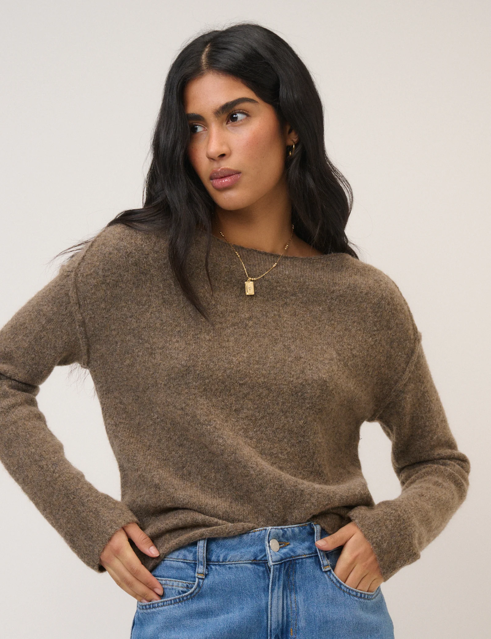 Brown Slash Neck Knitted Jumper - Image 5