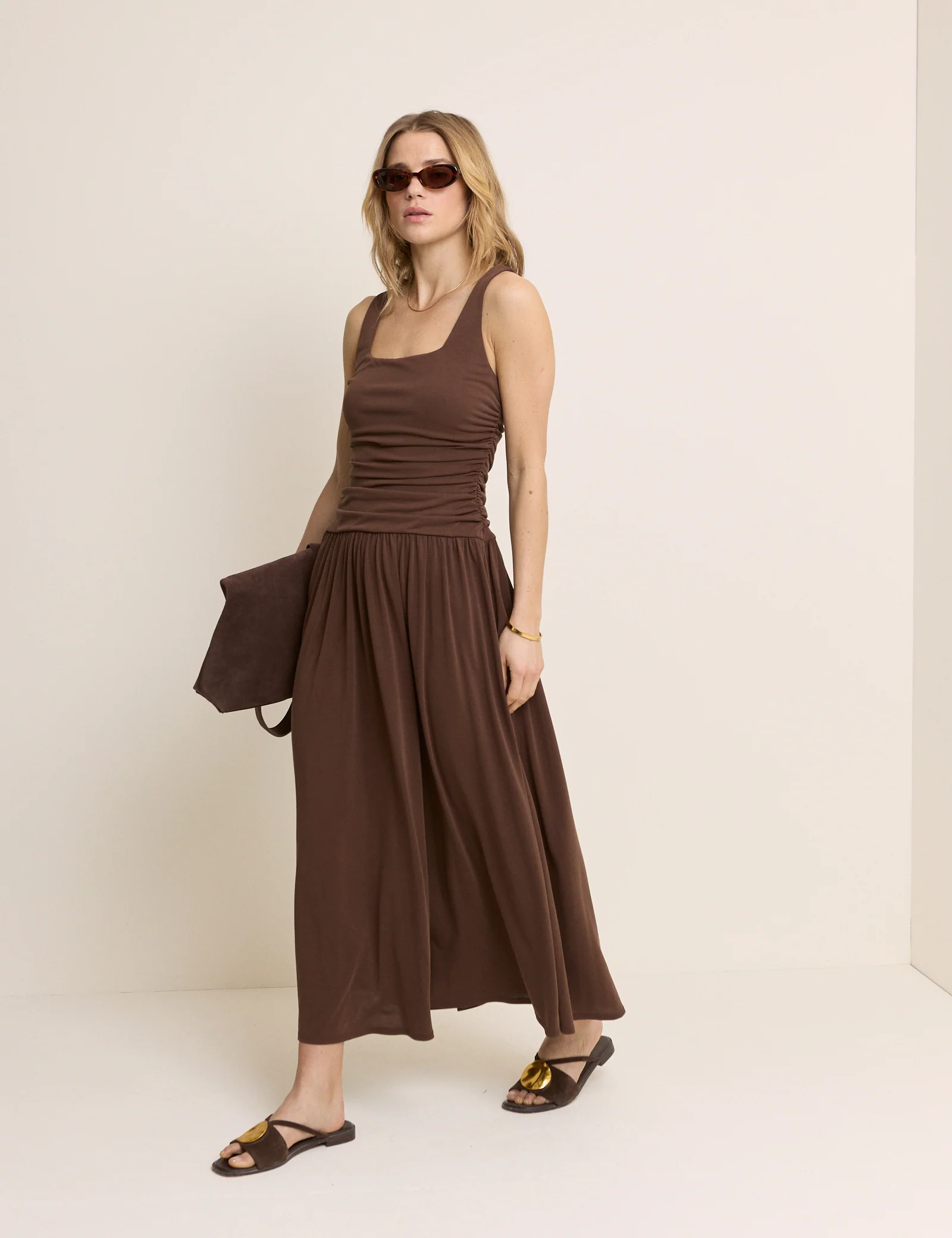 Brown Ruched Jersey Sleeveless Natalie Midi Dress