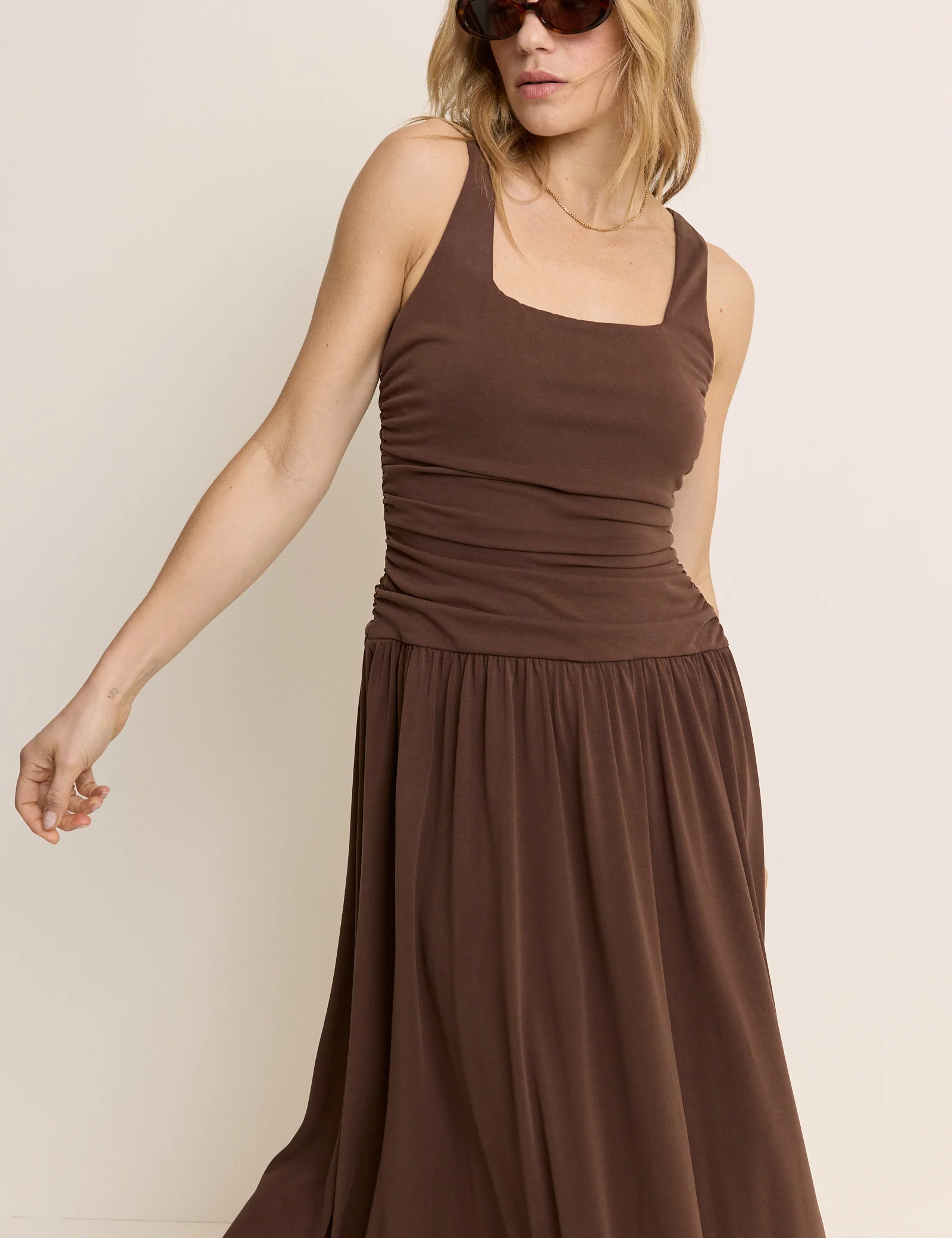 Brown Ruched Jersey Sleeveless Natalie Midi Dress - Image 2