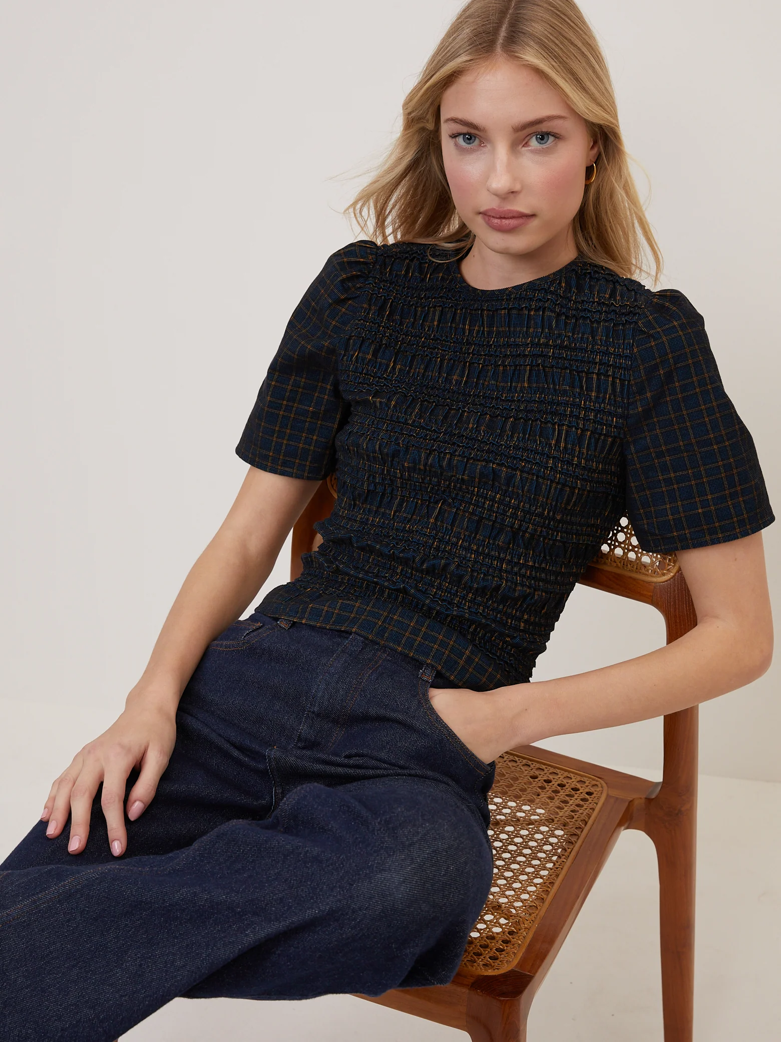 Navy Blue Check Shirred Cord Top - Image 4