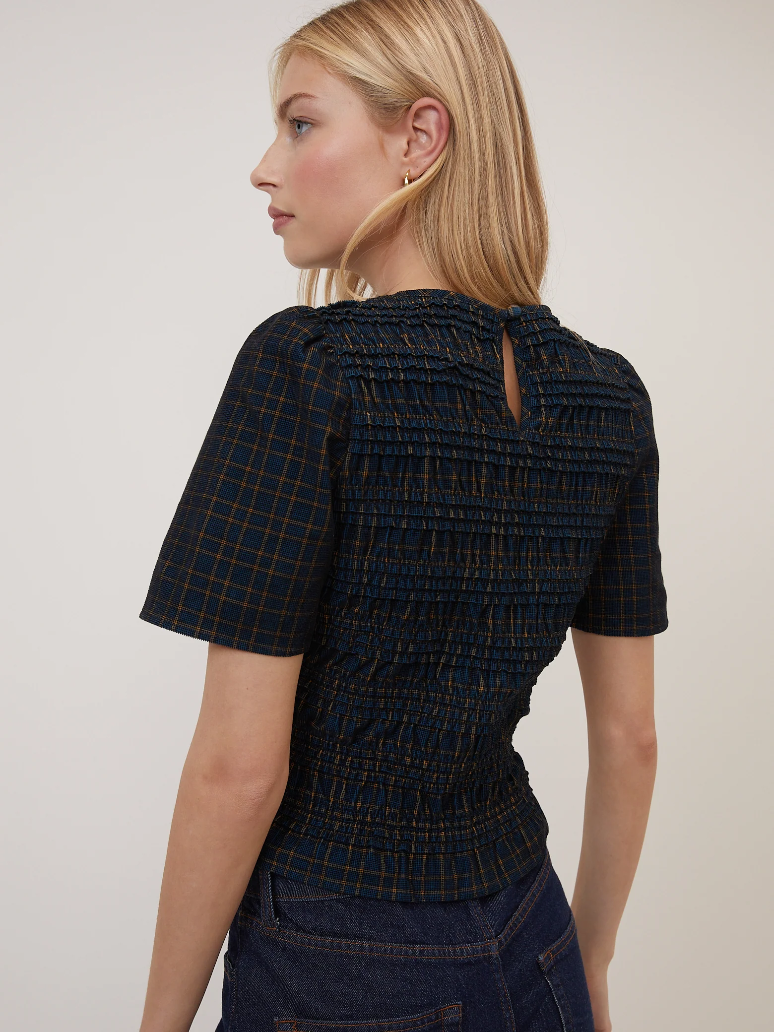 Navy Blue Check Shirred Cord Top - Image 5