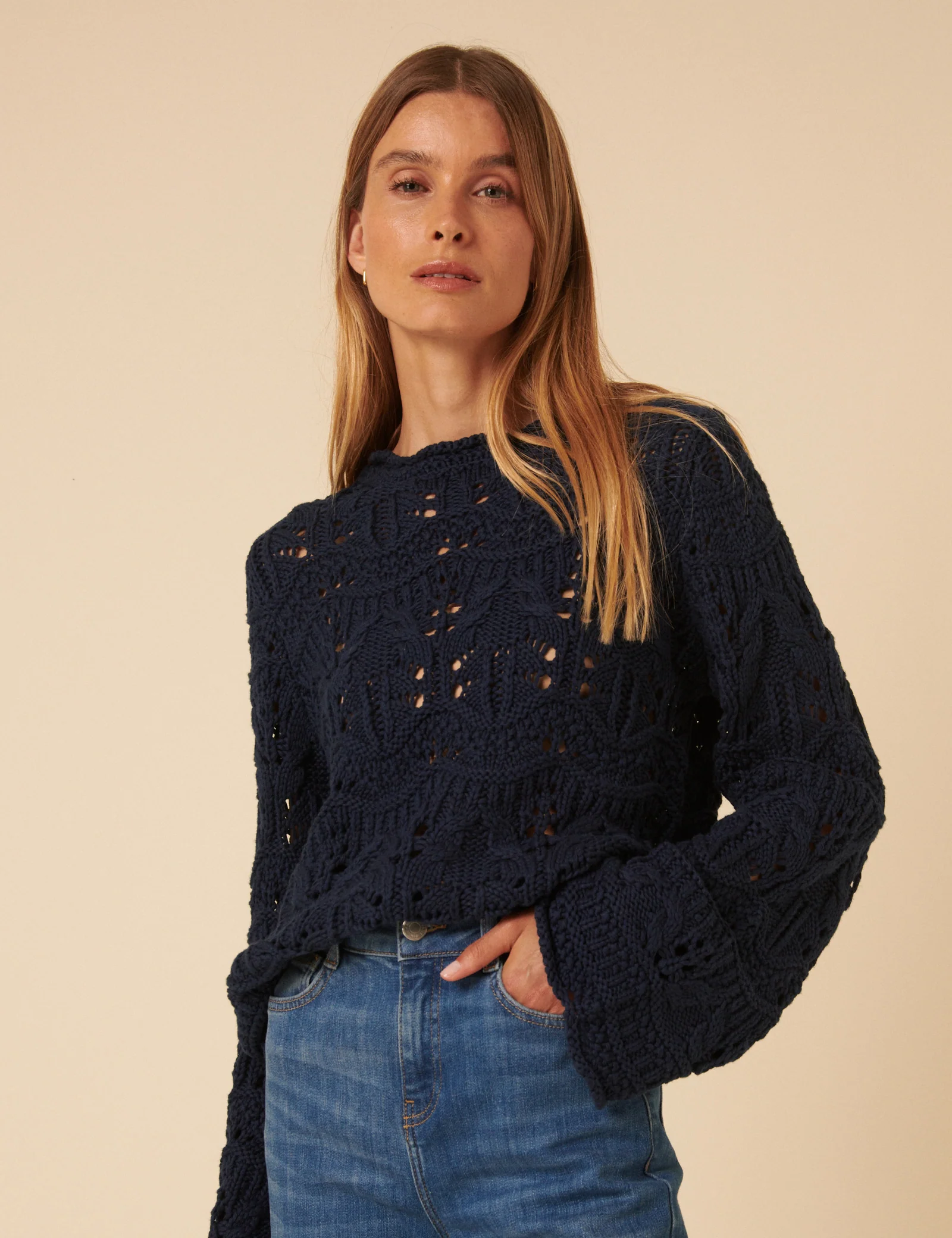 Navy Blue Chunky Pointelle Jumper