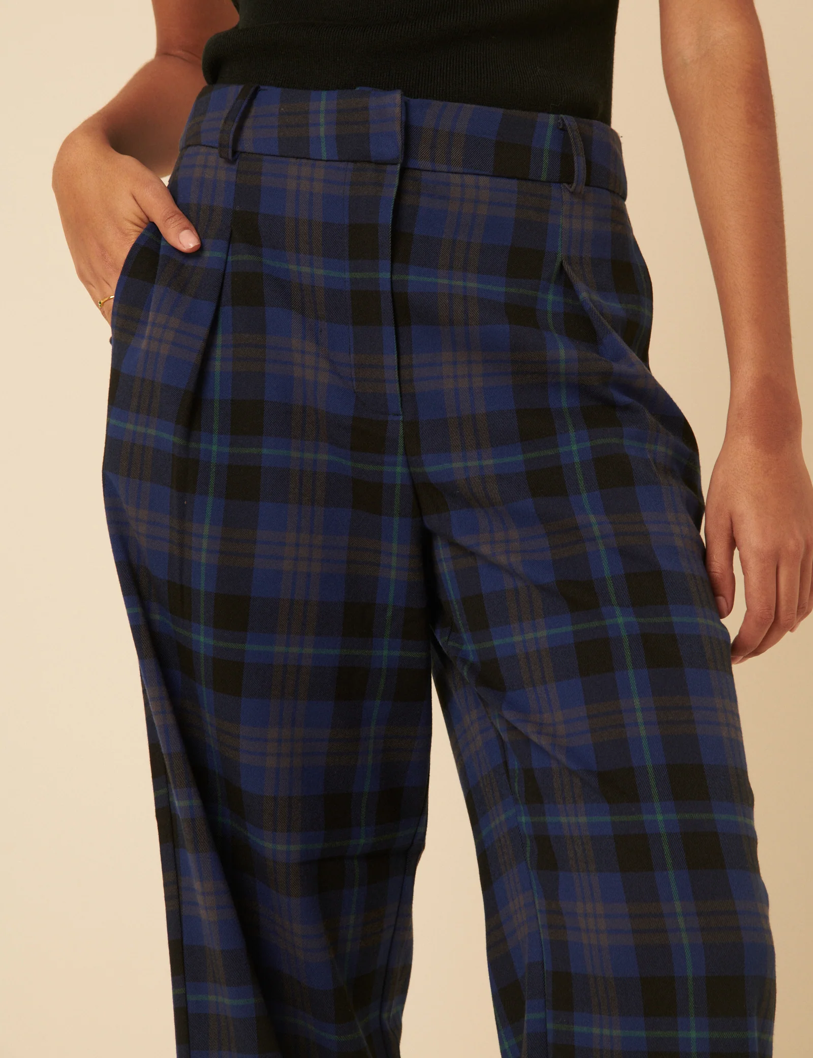 Navy Check Tailored Trousers - Image 3
