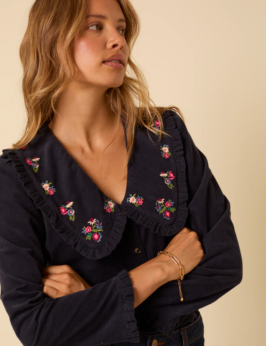 Navy Cord Floral Embroidered Blouse - Image 4