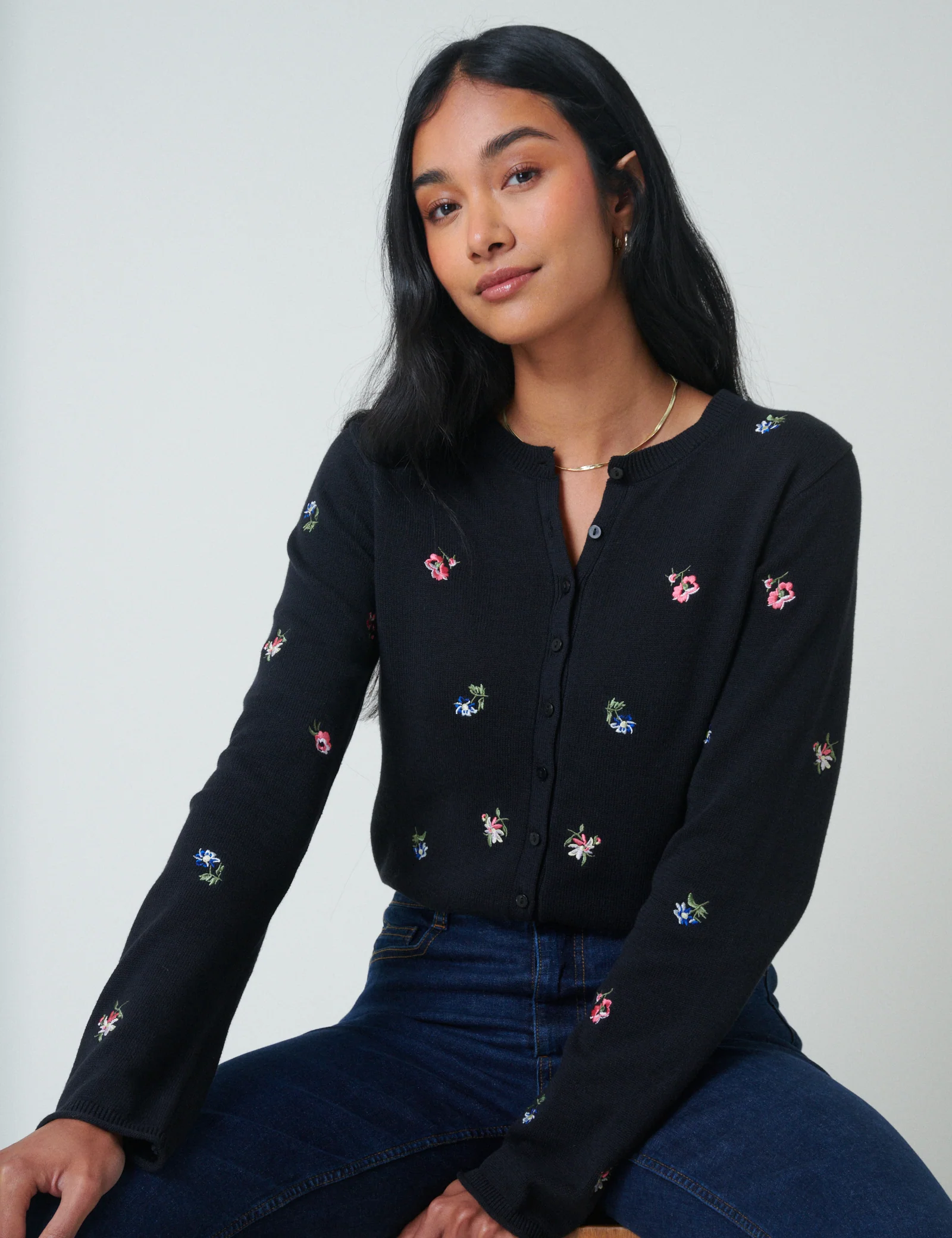 Black Floral Embroidered Cardigan - Image 3