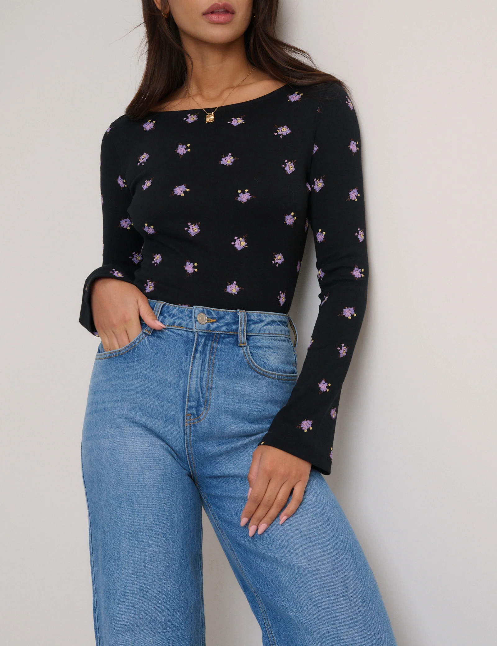 Black Floral Printed Flute Sleeve Top - Image 2