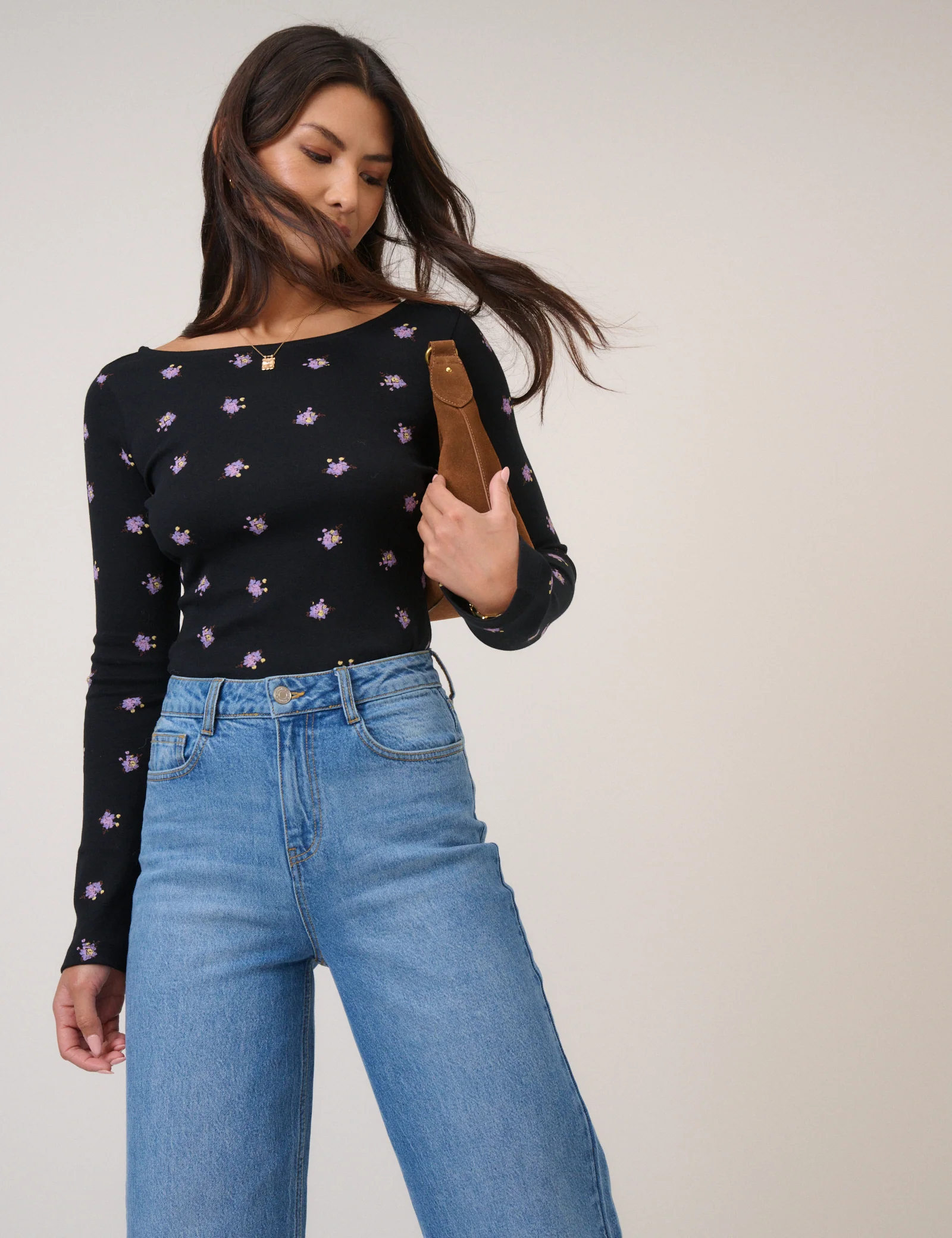 Black Floral Printed Flute Sleeve Top - Image 4