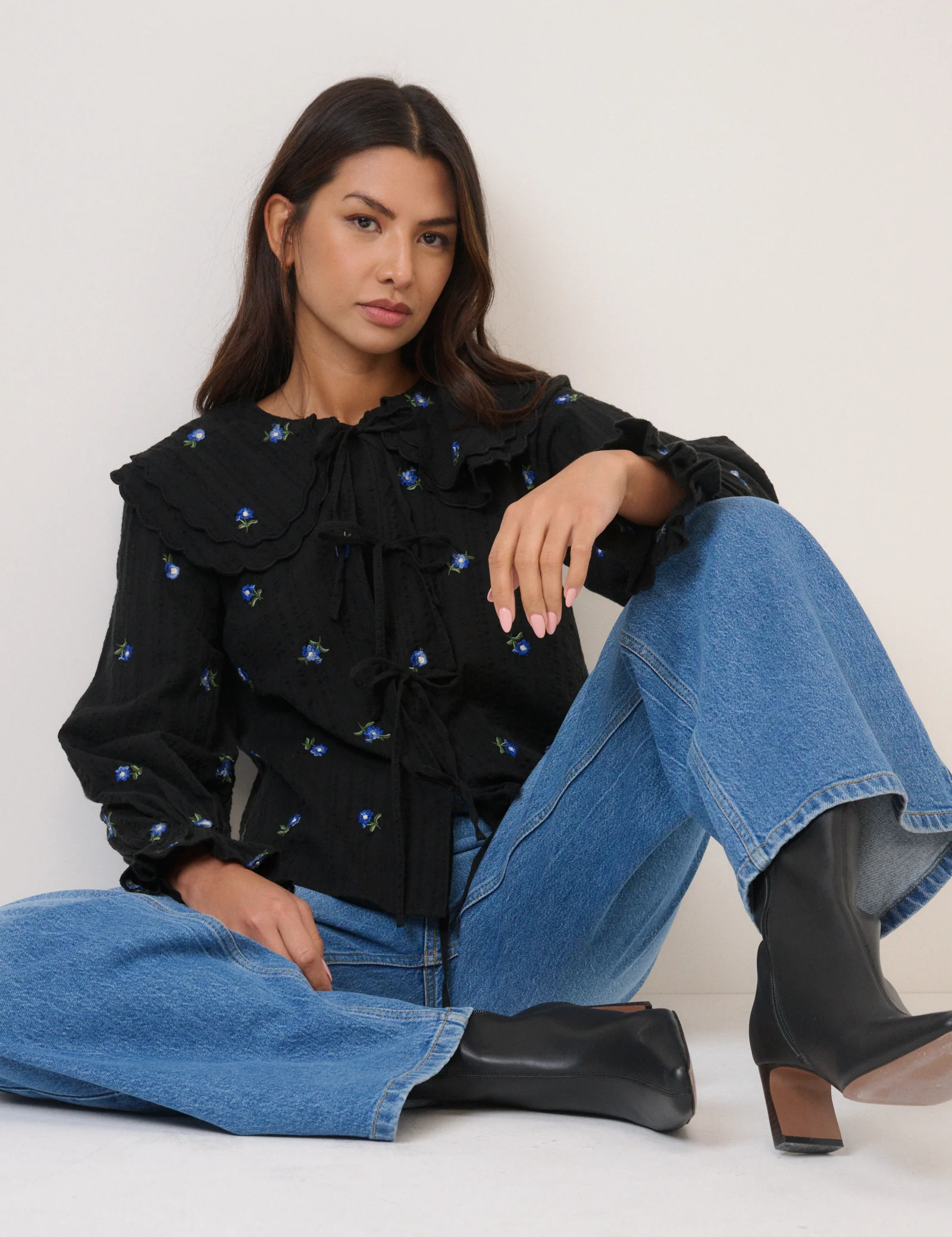 Navy Floral Embroidered Tie Front Top - Image 3