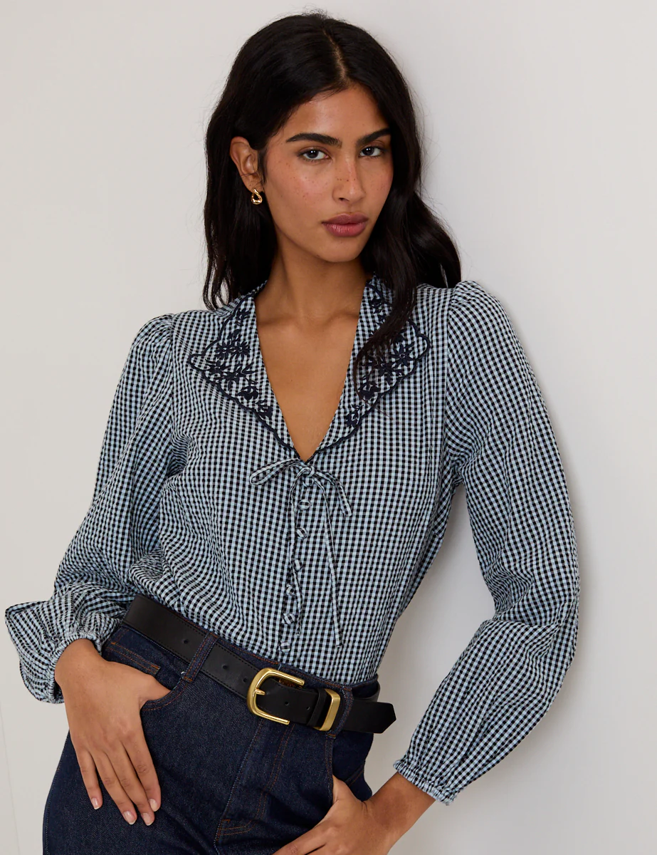 Navy Gingham Embroidered Collared Blouse - Image 2