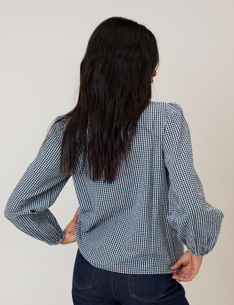Navy Gingham Embroidered Collared Blouse - Image 3