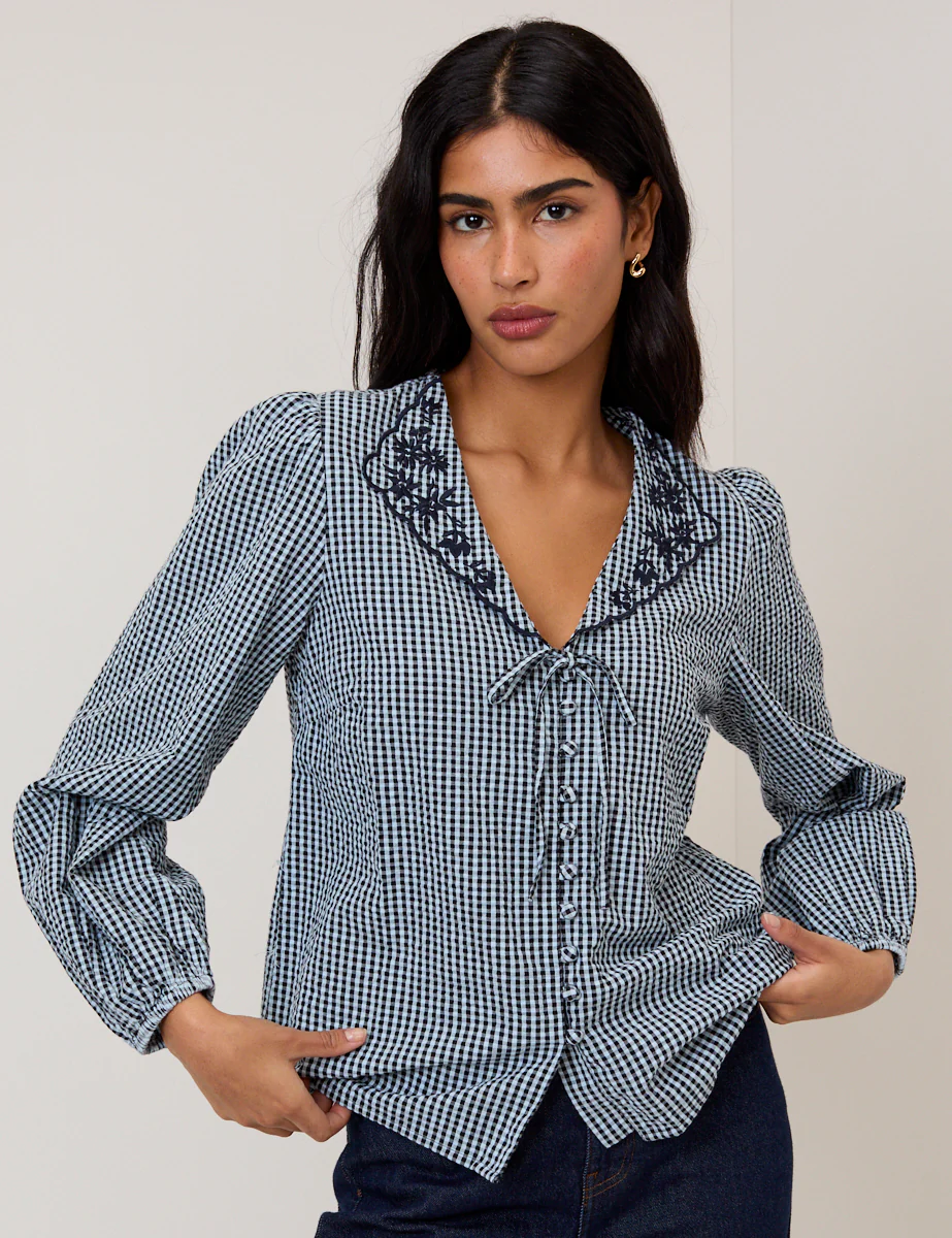 Navy Gingham Embroidered Collared Blouse - Image 5