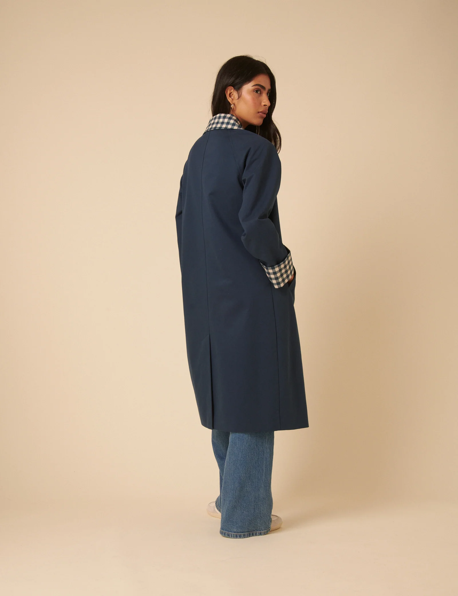 Navy Gingham Trim Trench Coat - Image 5