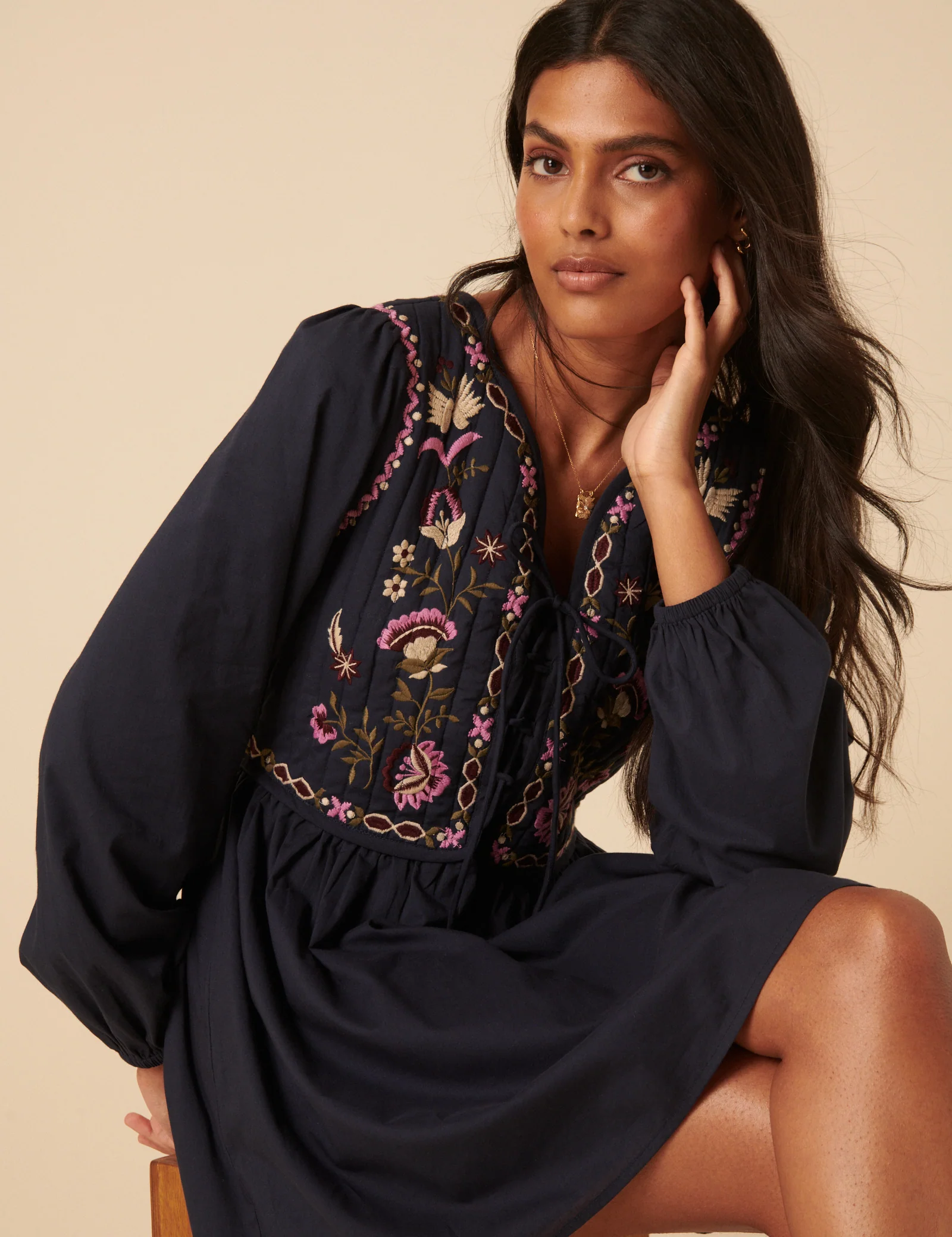 Navy Paisley Embroidered Monroe Mini Dress - Image 2