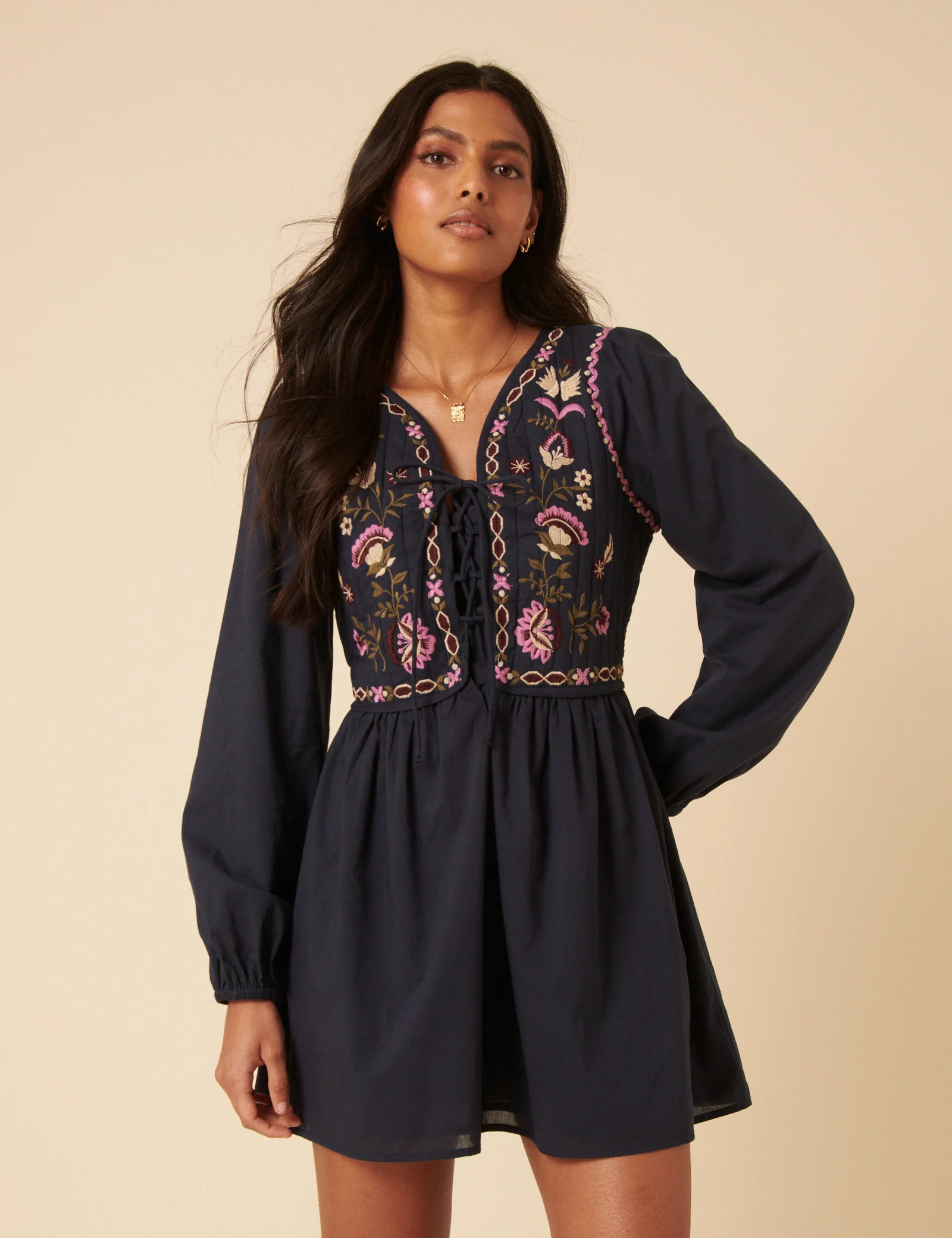 Navy Paisley Embroidered Monroe Mini Dress - Image 3