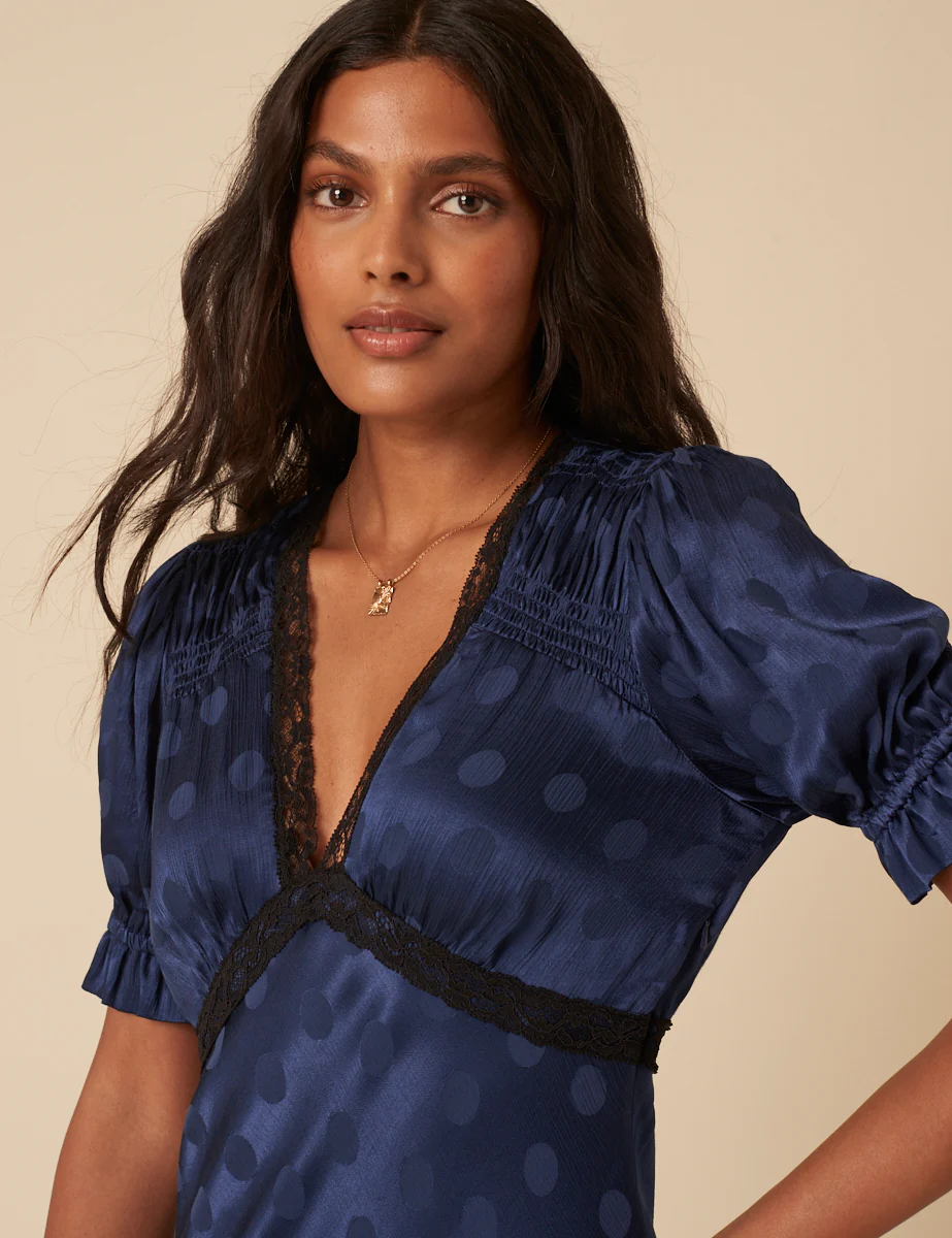 Navy Polka Dot Jacquard Angela Midi Dress - Image 3
