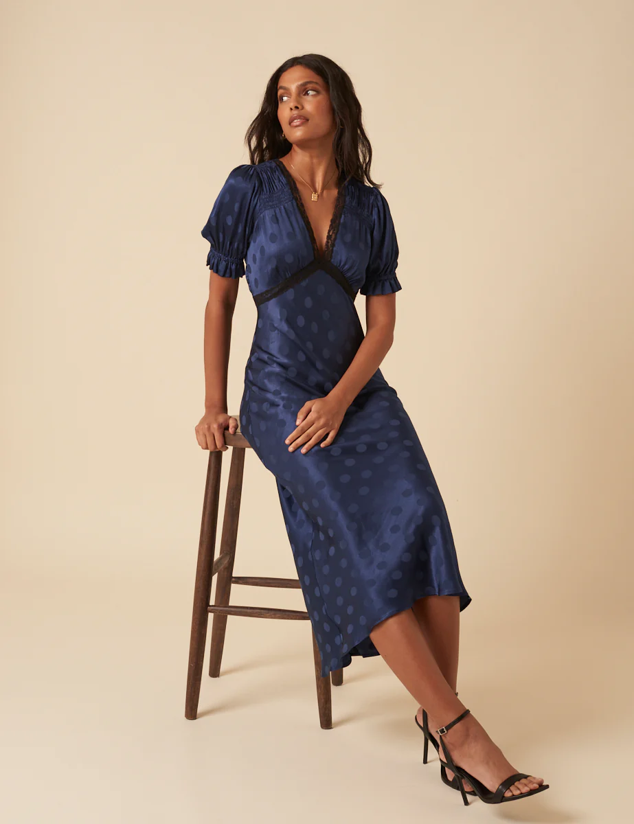 Navy Polka Dot Jacquard Angela Midi Dress - Image 5